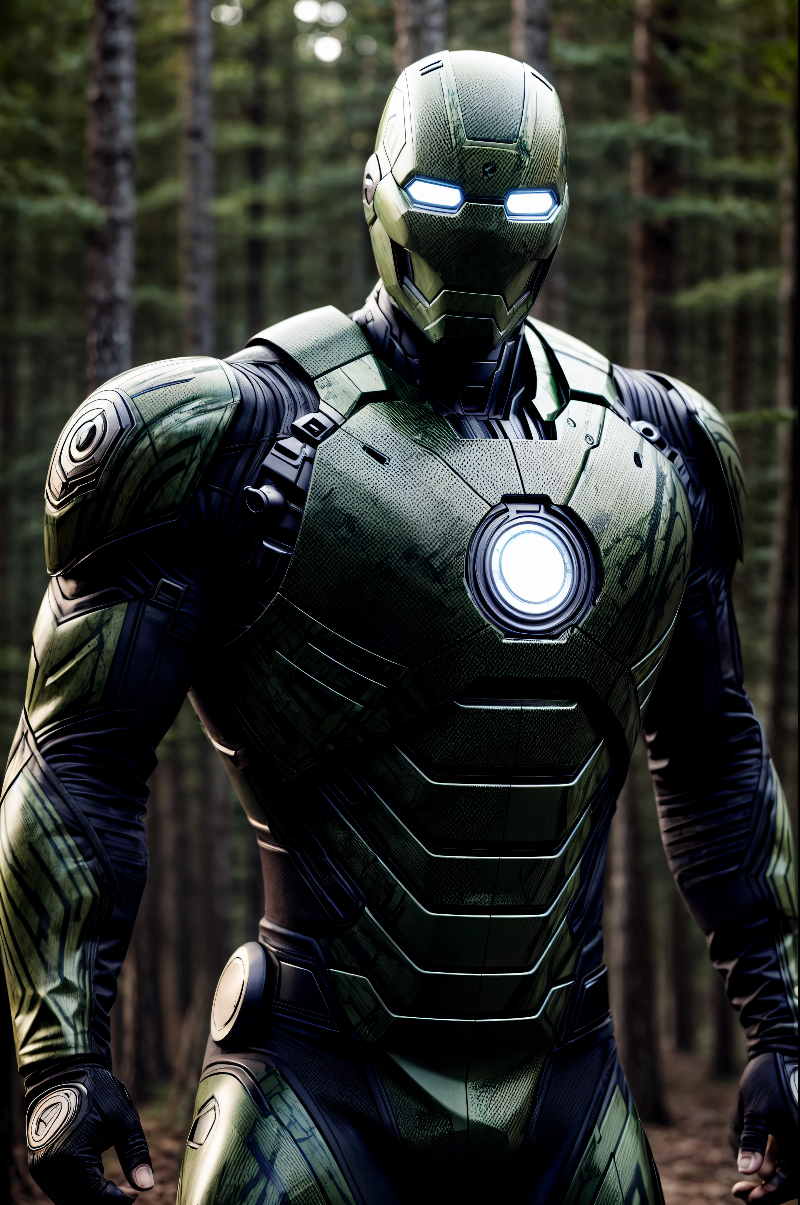 An intricate image of  a forest green digital camo Ironman, extremely detailed suit, micro-details, photorealism, one light, dark photo, deep shadows, shallow depth of field, photorealistic, Surrealism, high quality, masterpiece, 8k, 8k, super detail, full body portrait,  extremely muscular, body builder, scratched, dented, battle scars, flying with his boosters