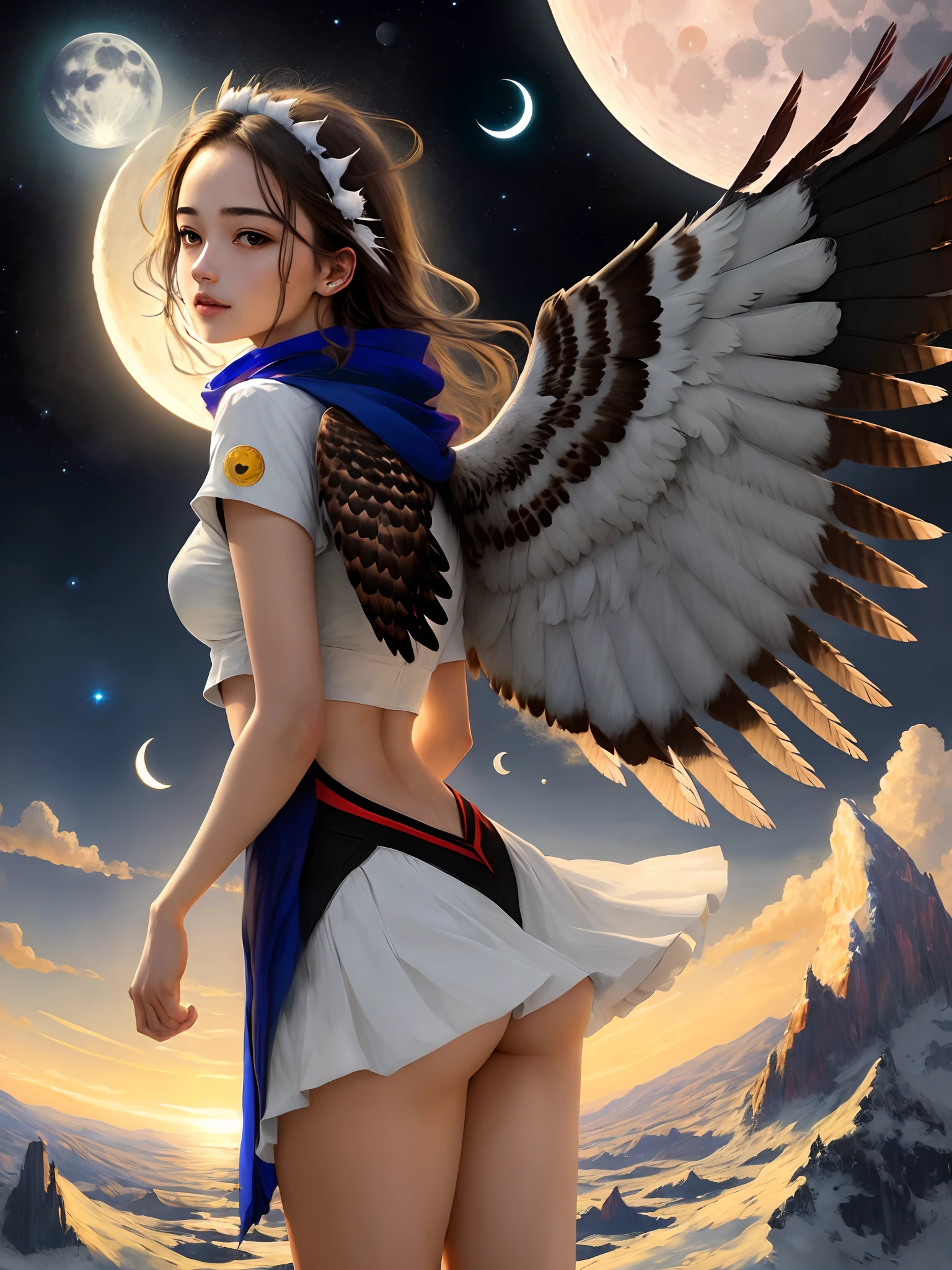 Colorful hawk wings and beautiful girl (planet and moon in the sky) masterpiece HD quality (realism)