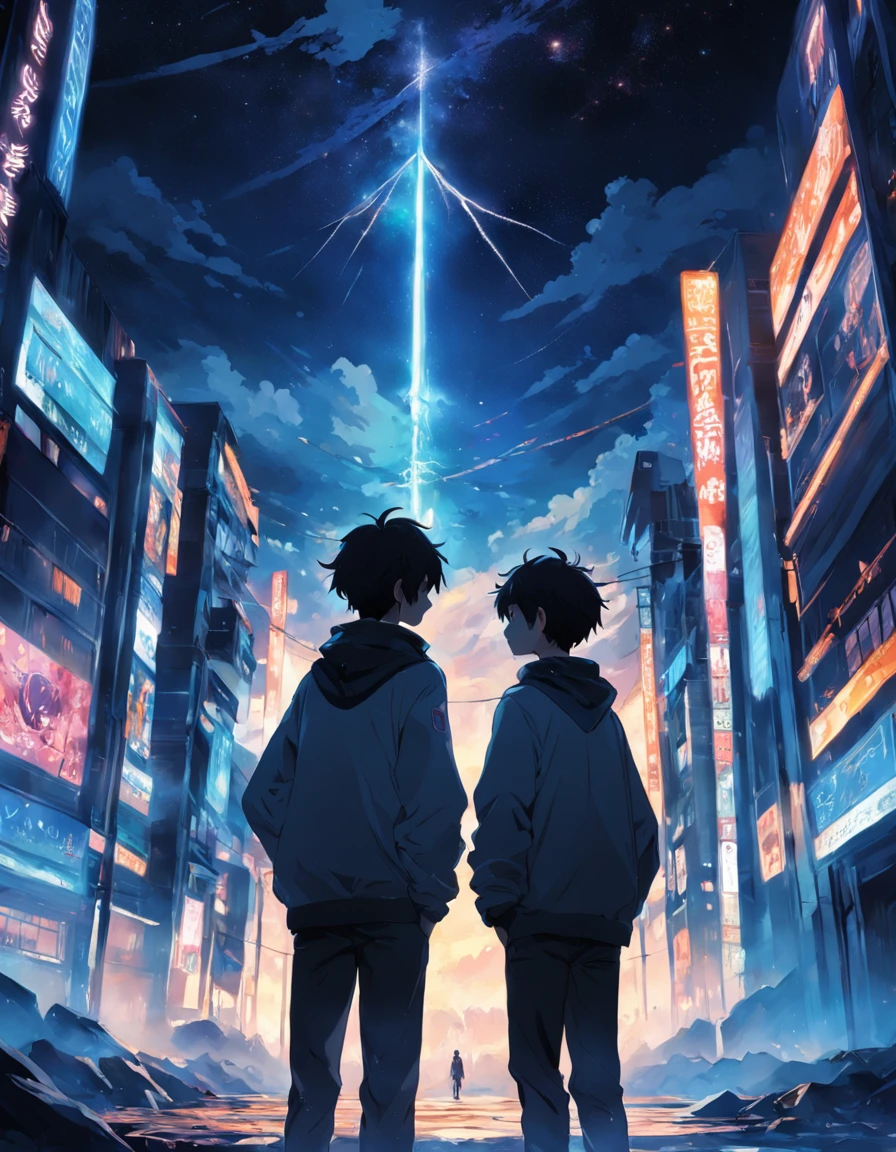tmasterpiece,best qualtiy,cinematic Film still from,2boy,Tech Campus Looks up the landscape, Three boys back, Perspective, deep in the night, the night, Best quality dark background,