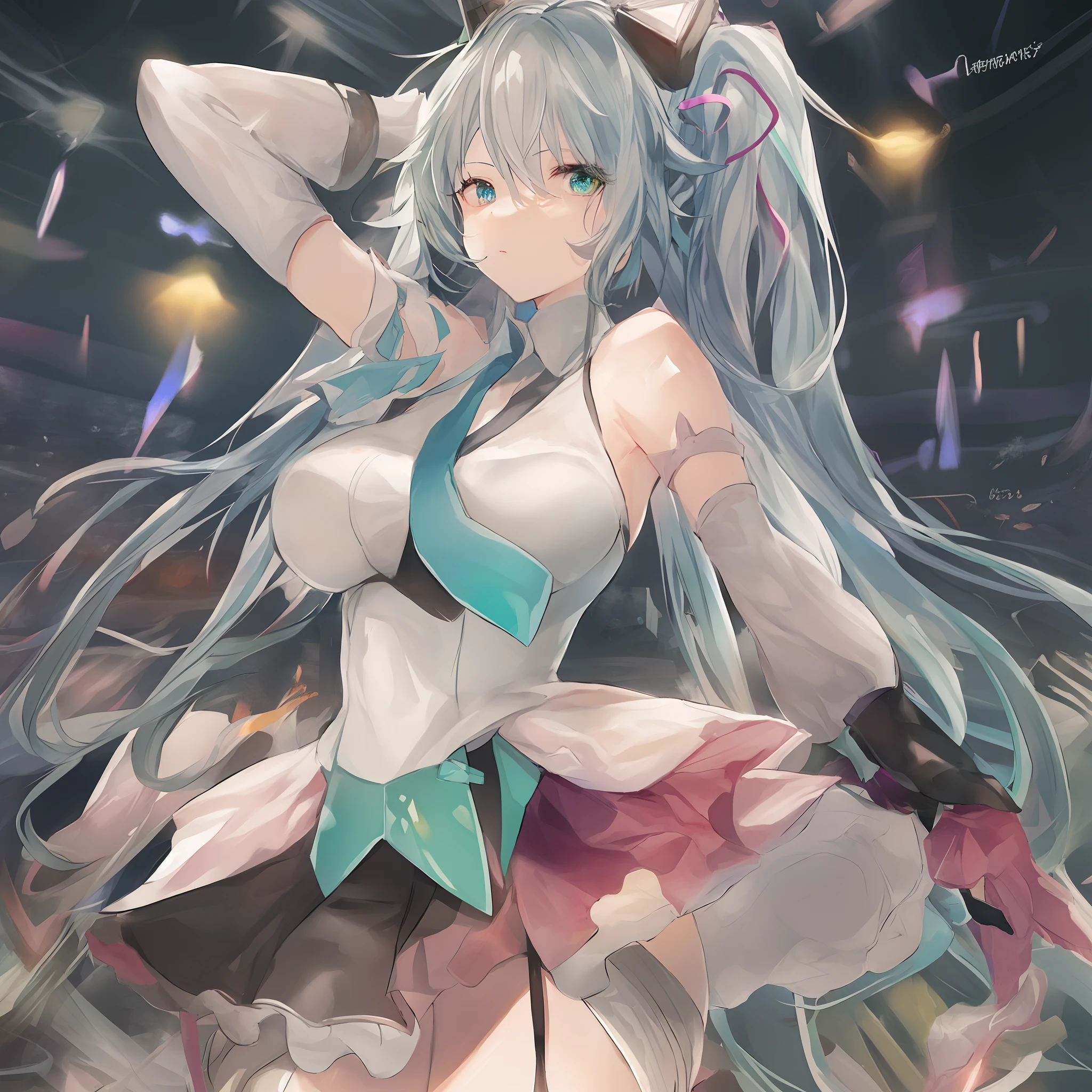 Let's start with a base illustration of a young female character.
Adjust the hair color to Hatsune Miku's iconic turquoise blue.
Style the hair to be very long, reaching below the waist, in twin tails. Ensure the twin tails are evenly balanced and neatly wrapped at the top.
Give the hair a glossy appearance and a slightly voluminous texture.
Create a youthful and cute facial expression with large, expressive eyes. The eye color should be a bright shade of blue.
Give her a characteristic slim and petite body frame.
Remove the distinctive outfit consisting of a sleeveless top, tie, and pleated skirt. Include shades of teal and black in the color scheme.
Include signature accessories such as a futuristic headset, microphone, and detachable sleeves.
Optionally, add knee-high boots or thigh-high socks in matching color tones.
Provide a background that complements the aesthetic, such as a futuristic cityscape or a concert stage with colorful lights.
Please note that due to the complexity of the instructions, it may be challenging for an AI to accurately generate an image based on the exact specifications provided.
Please draw it in a sketch-like style, resembling an idea sketch.
A drawing that looks like it was done with a pencil. A picture drawn in a messy manner. A drawing done with hesitation.