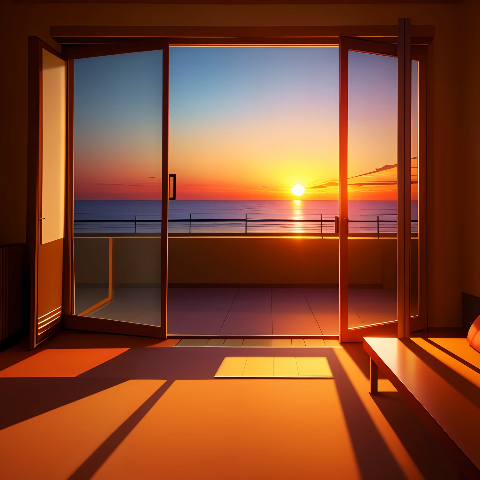 Frontal photography: The room illuminated by the sunset at dusk is empty,Perfect quality,Happy cartoon,hd illustration