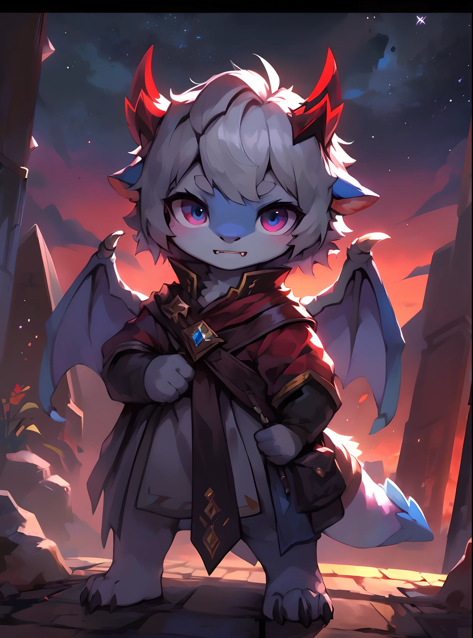 Bright environment, high quality, (toddler, dragon, neutral, animal: 1.4), absurd res, digital painting \ (artwork), (dragon, fluffy fur, character focus: 1.3), short hair, portrait, bright eyes, left eye red, right eye blue, (short dragon horn: 1.3), panorama, (character focus: 1.3). (detailed background: 0.9), solo, furry, furry neutral, neutral focus, standing, (full body fur, furry tail, red and blue fur, red and blue eyes, gray hair: 1.3), (small wings: 1.5), (long canine teeth: 1.0), king, (red cloak: 1.1) (towers of god, blue towers, violet, blue, red, god, red sky, violet sky, starry sky, stars, starry towers, starry god, light blue, civilization, order:1.3), (magic array: 1.5), (magic particles, magic: 1.3), (face details, hand details, foot details, ear details: 1.1), better movements, High cold