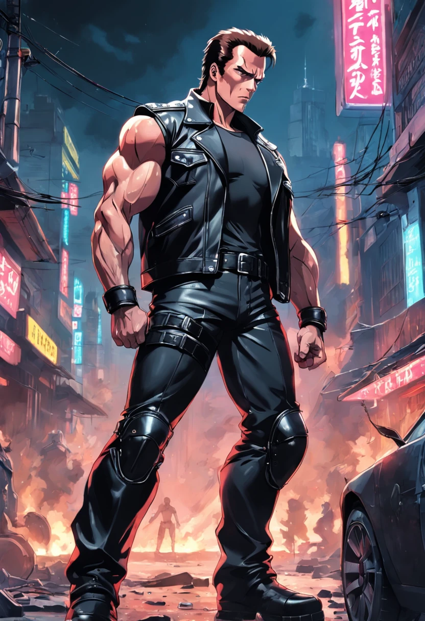 Cyberpunk comando, terminator, exterminador , Arnold Schwarzenegger , biceps gigante, jaqueta de couro preta, leather pant, botas, motoqueiro, biker, filme antigo, cidade a noite