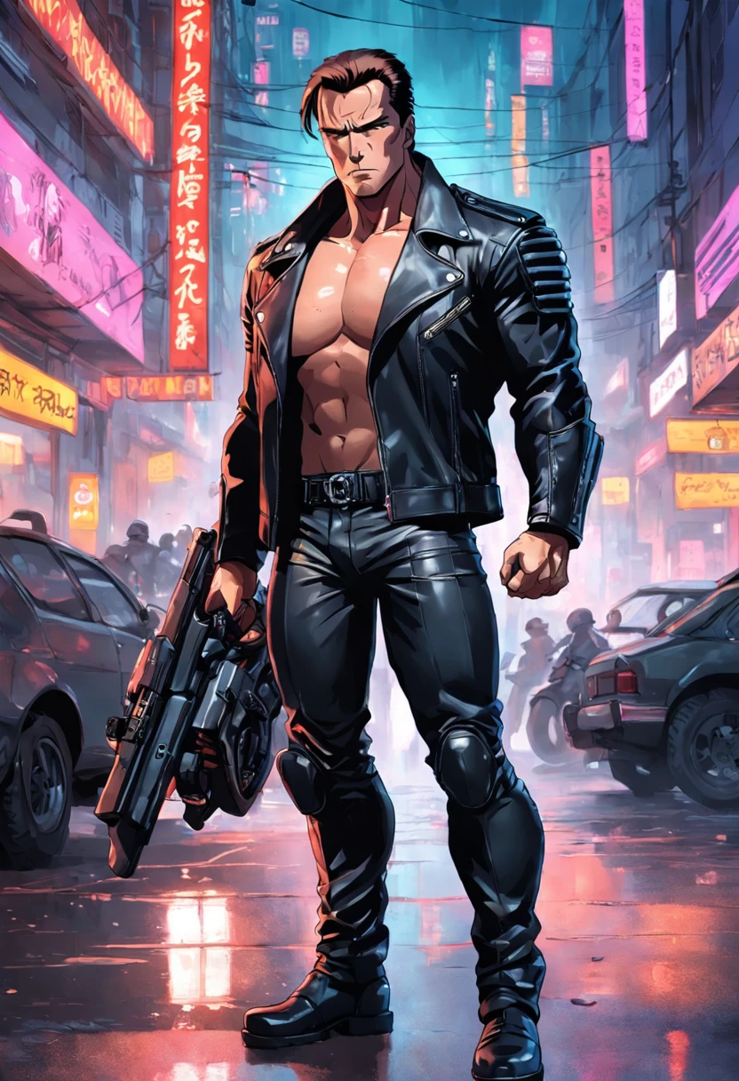 Cyberpunk comando, terminator, exterminador , Arnold Schwarzenegger , biceps gigante, jaqueta de couro preta, leather pant, botas, motoqueiro, biker, filme antigo, cidade a noite