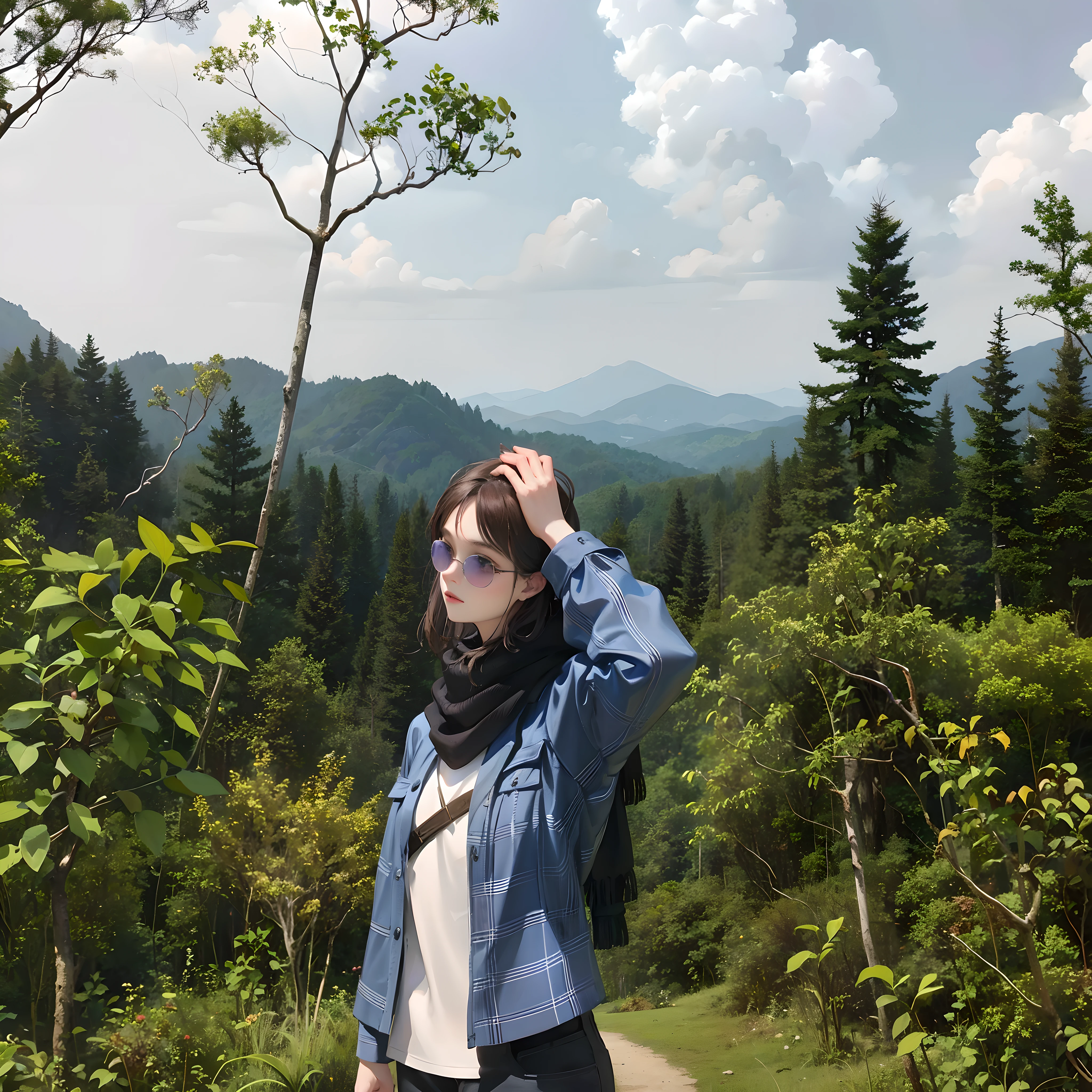 there is a woman standing in the woods with a scarf on, in mountains, in front of a forest background, in front of an amazing forest, amidst nature, looking majestic in forest, in forest, in the mountains, with sunglass, in nature, in jungle forest !!!, in jungle forest peak, on a mountain, feeling the nature, in jungle
