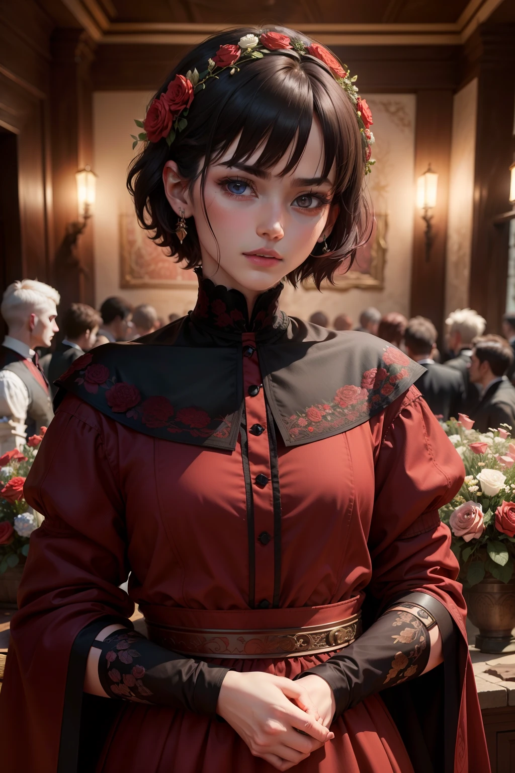 He wears men's clothing from ancient weddings，short detailed hair，All around are guests，The red interior walls are still full of different flowers，high-definition photography，Extreme expression of detail，4k，romanticism lain，Polished，with dynamism，Night sky at night，