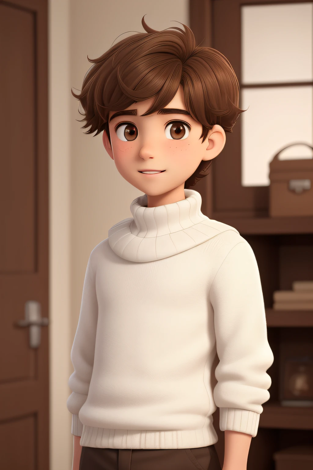 A 14 year old young man, With shaggy brown hair, nice face, Boxy face, And brown eyes, Wear a white turtleneck.,He puts his hand in his pocket