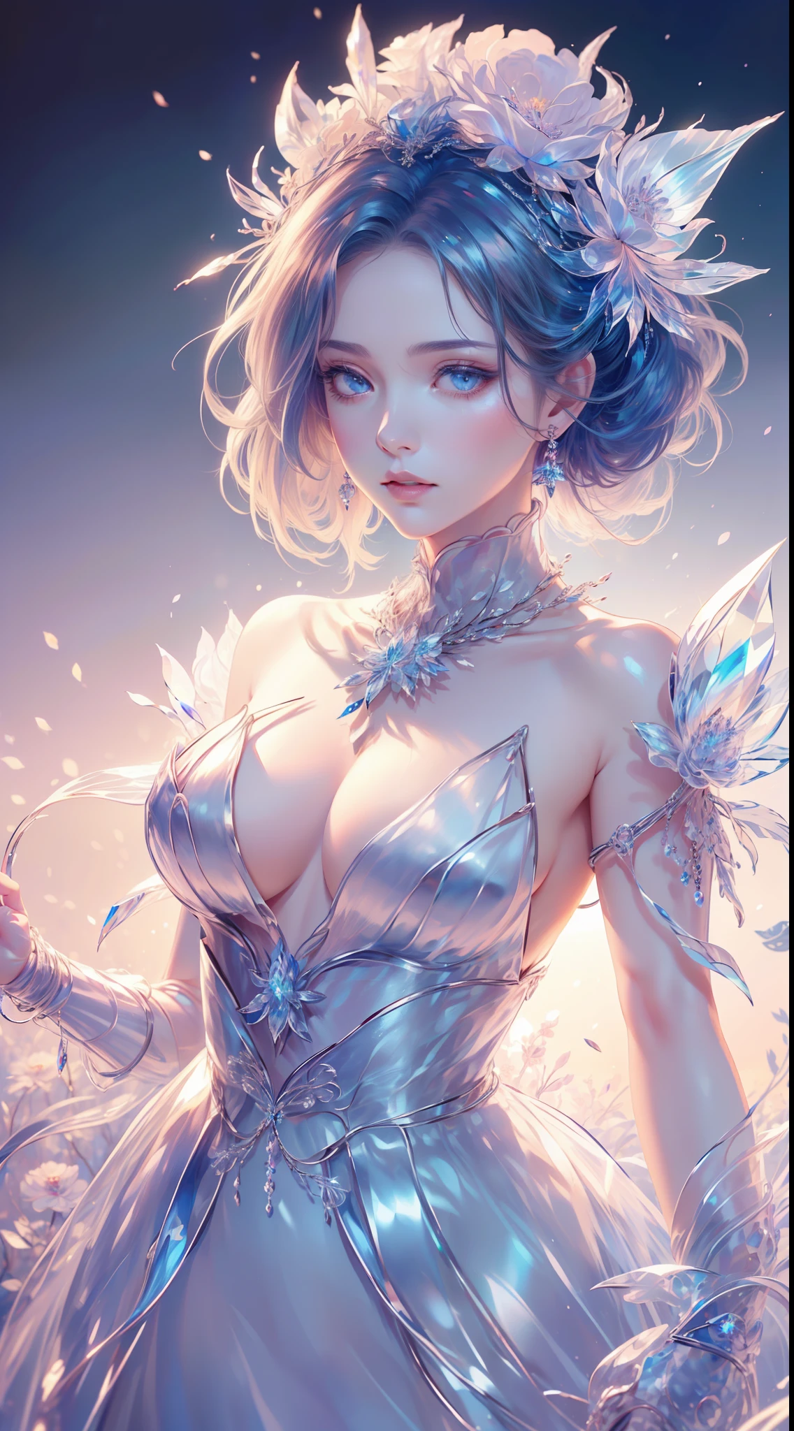 tmasterpiece，Highest high resolution，((ruit))，Dynamic bust of beautiful aristocratic maiden，Blue hair is elegantly coiled，（(Wearing a huge flower crown、jewelery，adiamondnecklace))，Purple clear eyes，(((The hair is covered with beautiful and delicate floral craftsmanship, Crystal jewelry filigree)))，Ultra-detailed details，upscaled，The earth rises。
