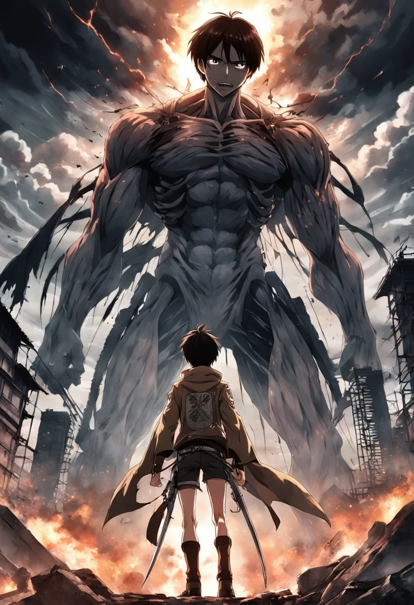 Generate a moody and emotionally black and white movie poster in the style of Hajime Isayama's Attack on Titan. The poster should prominently feature Eren Jaeger, wearing a Paradis Island uniform and ODM gear, looking towards a city that was just obliterated