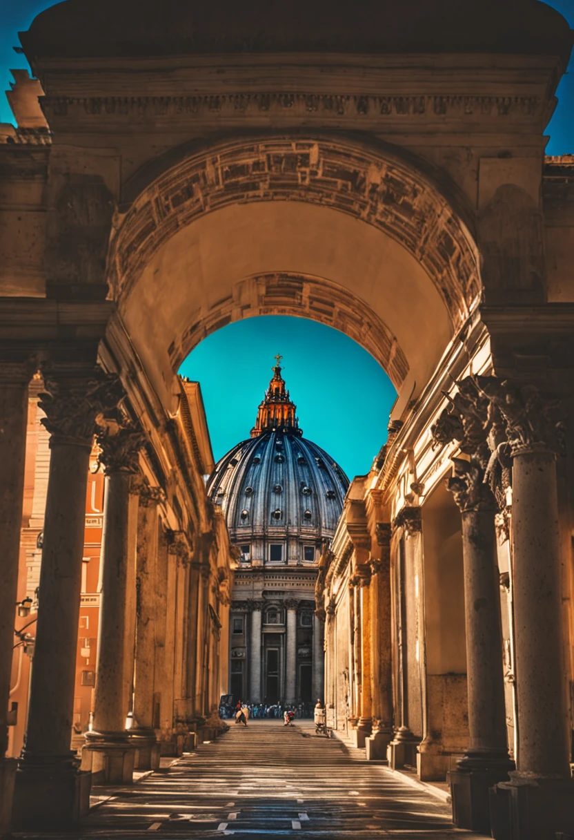 plaza de san pedro en el vaticano, con un atardecer naranja