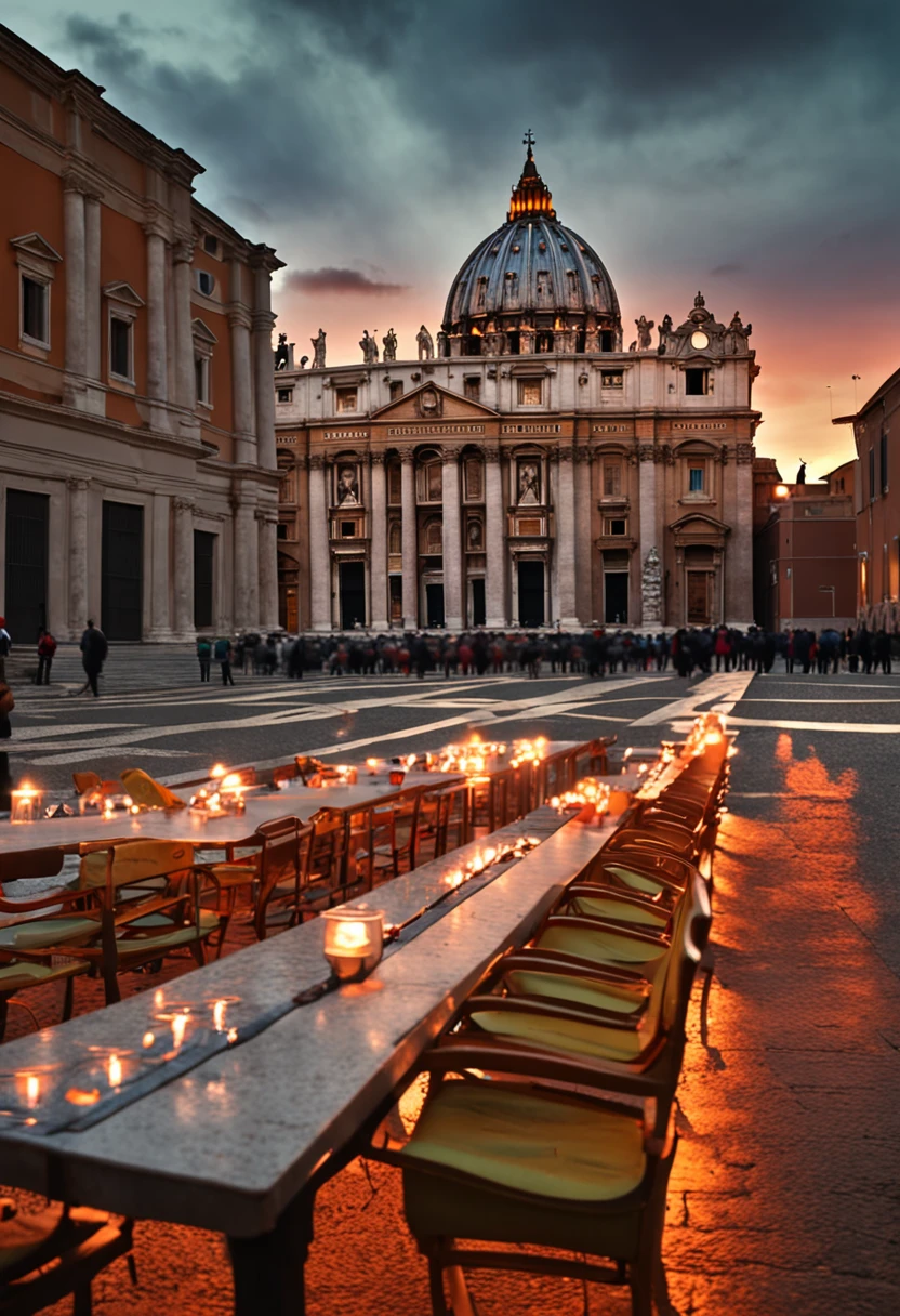 plaza de san pedro en el vaticano, con un atardecer naranja