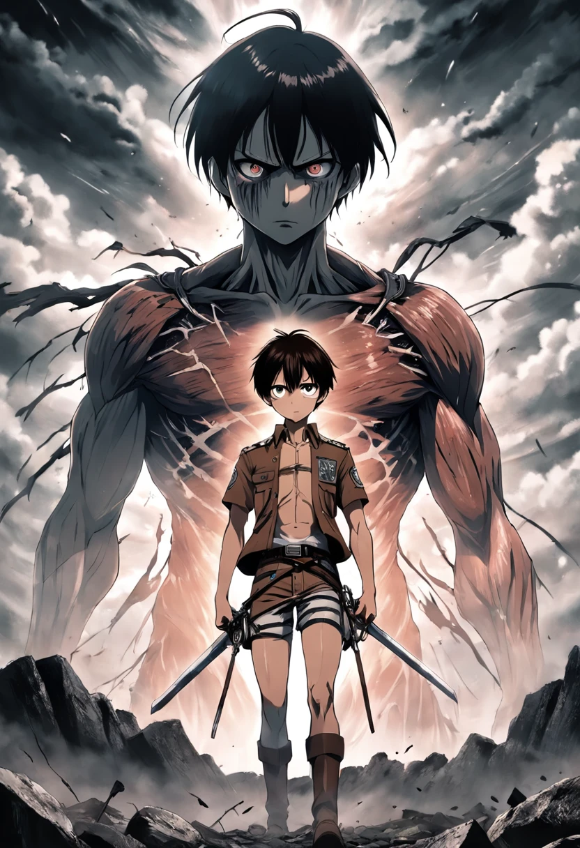 Generate a moody and emotionally black and white movie poster in the style of Hajime Isayama's Attack on Titan. The poster should prominently feature Eren Jaeger, wearing a Paradis Island uniform and ODM gear, looking up in fear at a colossal titan.