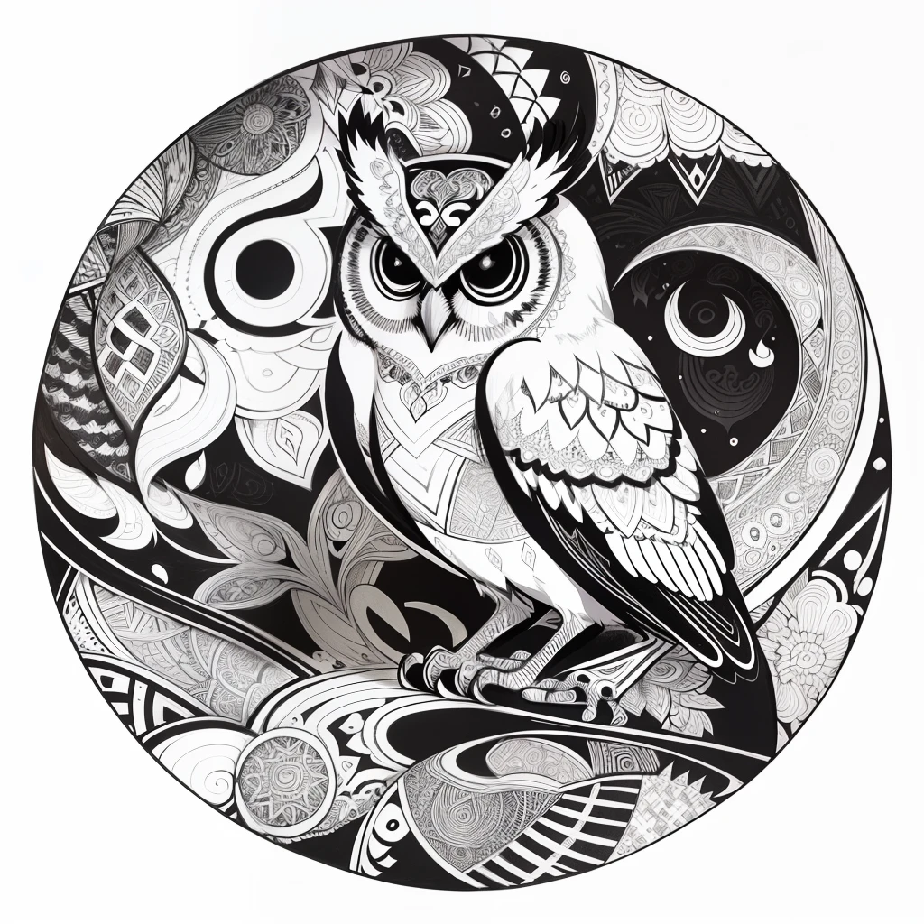zentangle, fine line art, fine line drawing, coloring book illustratio style, vector art, white and black graffiti illustration,owl, in the center, white and black colors, paint splashes and blots, Adobe Illustrator, high detail, whitebackground