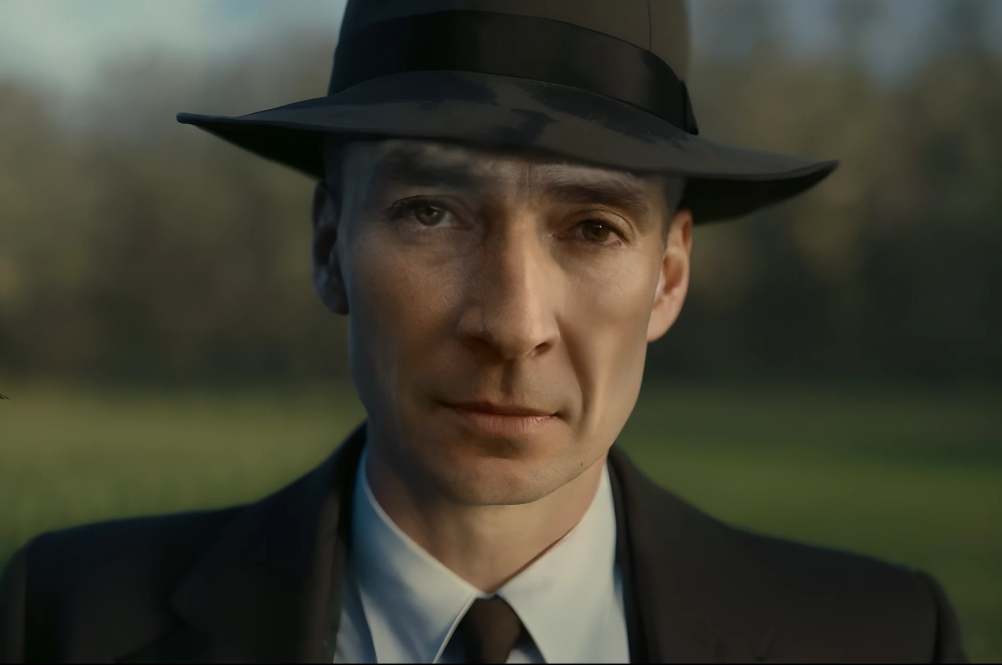 there is a man in a hat and suit standing in a field, a suited man in a hat, shot from danis villeneuve movie, costumes from peaky blinders, peaky blinders, highly detailed vfx portrait of, award winning cinematic still, highly detailed vfx portrait, leica 8k still from an a24 film