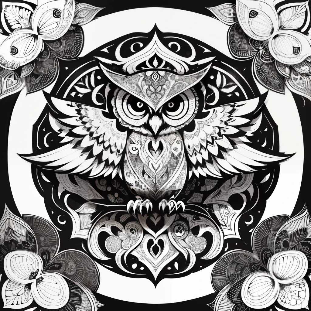 zentangle, fine line art, fine line drawing, coloring book illustratio style, vector art, white and black  graffiti illustration,owl, in the center, white and black colors, paint splashes and blots, Adobe Illustrator, high detail, whitebackground