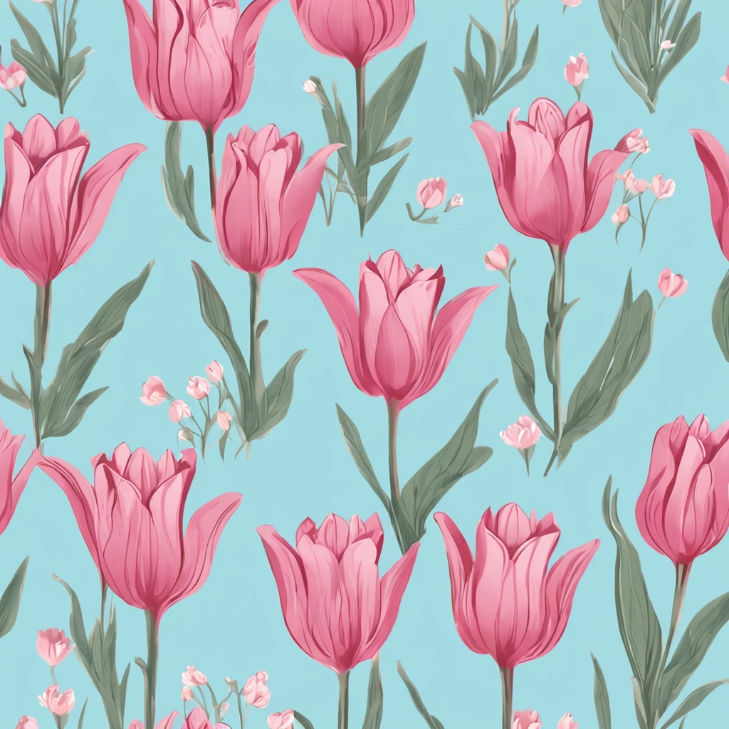 Top quality floral pattern, Cute lovely pink bud tulips、Light light blue background, crammed flowers