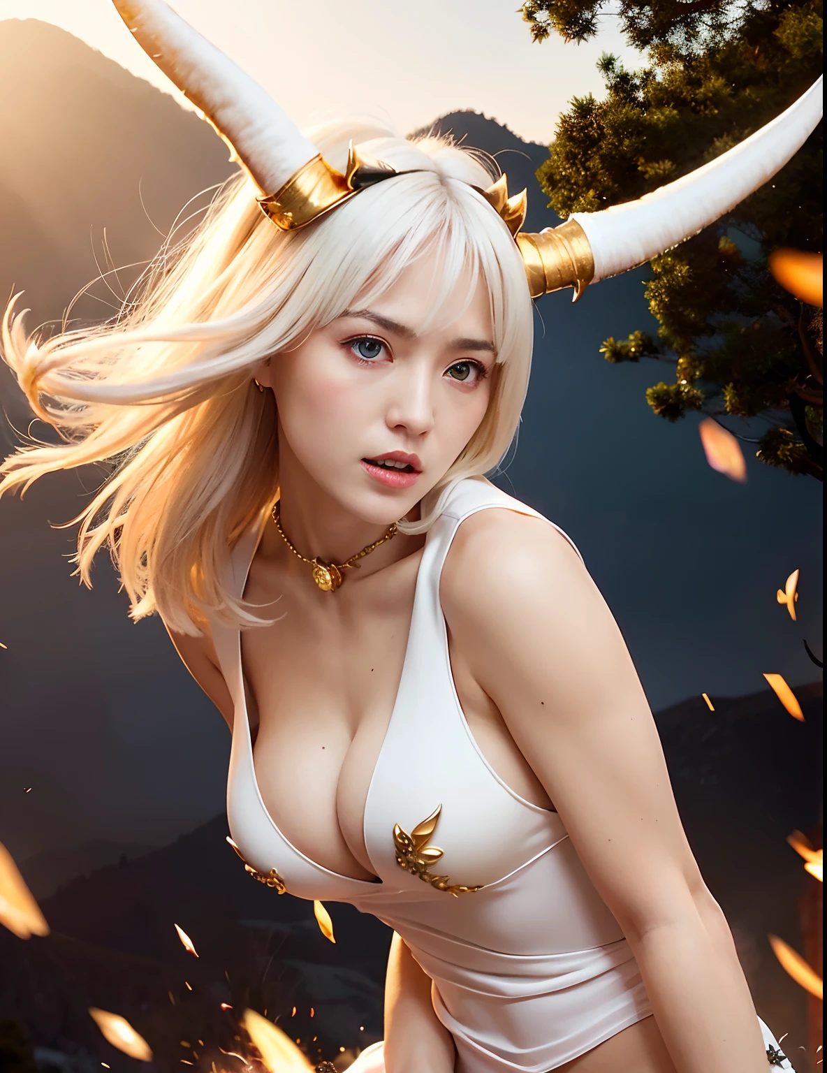 Professional , ​masterpiece、top-quality、photos realistic , depth of fields 、（White Gemstone Body:1.９),(Matte White、（cleavage of the breast）、Jewel Gold Weapon、Particles of light、Gemstone Body White:1.４),Gorgeous gold weapons ,（（ Dragon dense and gorgeous dragon sword）） , （demonic wings）   ,warhammer 40k 、（（White hair））、（Castle background）、（demonic wings）、（（Gangle's forest background））、Beautiful Caucasian beauty、１a person、dynamic ungle,(((Two devil's horns on the head)))、Smaller head、Idle Smile、Thin and beautiful female hands、cleavage of the breast、Mystical expression、Light Effects、intense fighting、Wind-effect、magic circles、With the legendary magic wand、Dragon's tail、