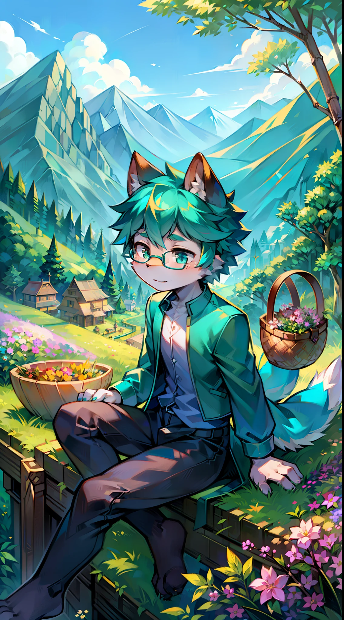 eine Katze，Turquoise shirt，Carrying a bamboo basket，On the grass，Mountains，herbs，Shota，adolable，basket，Herbs in the hand，eye glass，blossoms，Sit on grass，hillside，Picking herbs，suns，nerds，having fun