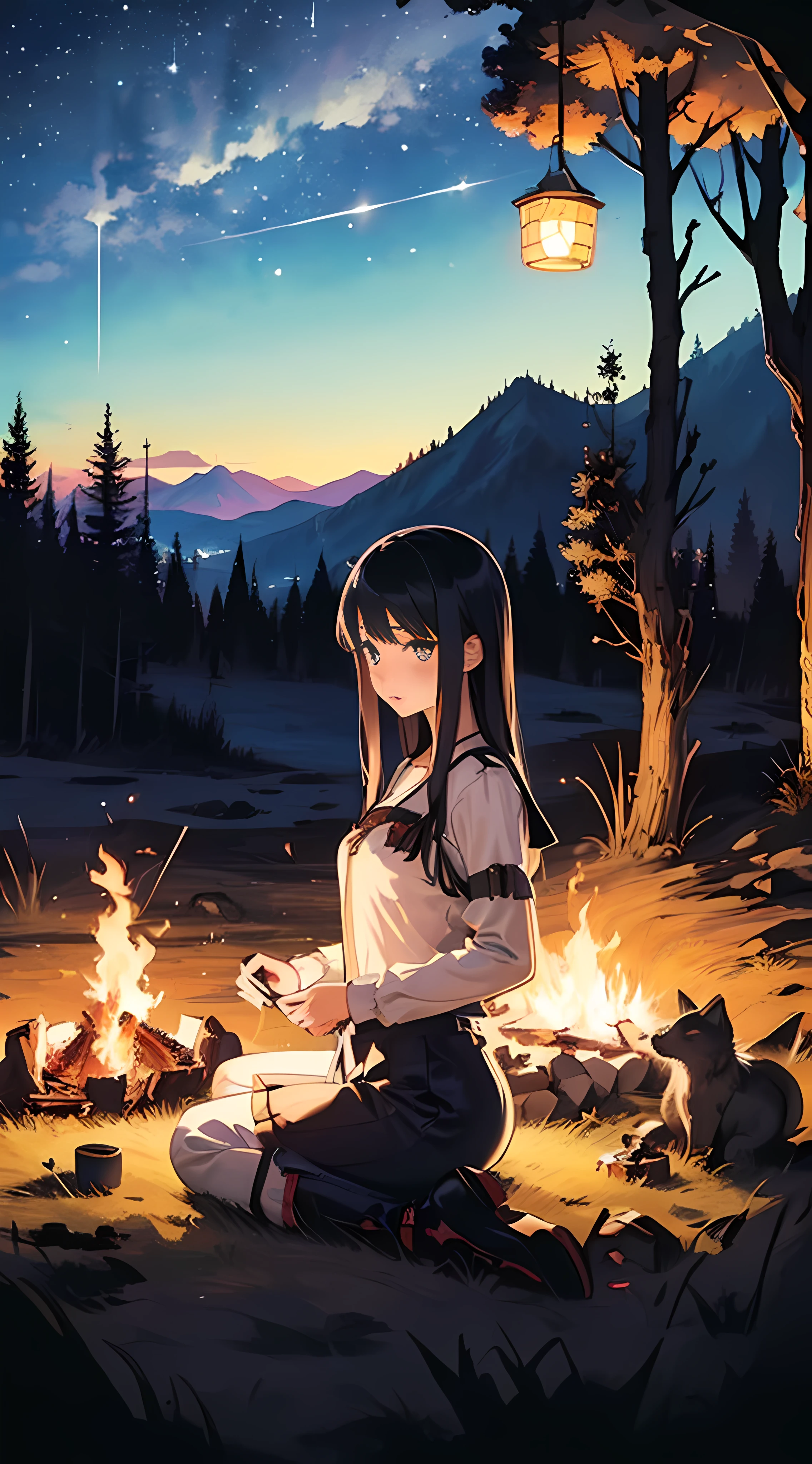 (((A mesmerizing portrayal of a European lady))) ((in a captivating scene by a campfire in a mountain campsite under a starlit sky, Mixed Media Art, Warm and Cozy Colors, Long Shot, Detailed Illustration)), ((nsfw:1)),(((outdoor))), (((charming))), (((magical))), (((fantasy-themed))), ((influenced by surrealism and nature-inspired artists)), (((wide angle))), (((high angle))), (((Masterpiece))), (((Hyper Detailed))), (showcasing the charming woman in an adorable camping outfit, the enthralling landscape, and the dreamlike starry night sky, creating a truly fantastical artistic masterpiece)." ,weapon,no_humans