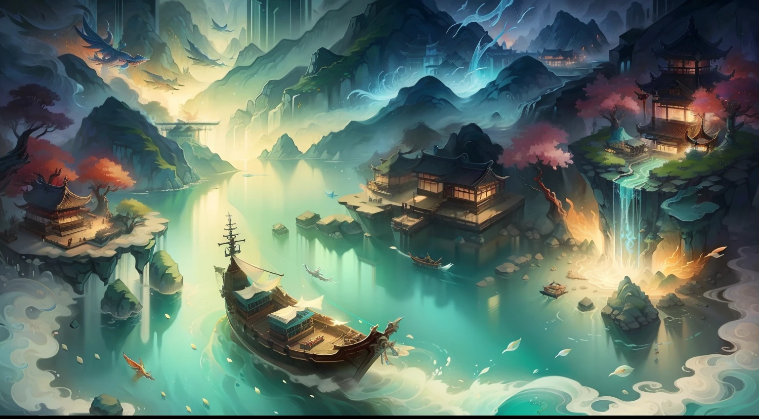 Vast sea,Immortal Island, the ocean,faeries,Auspicious clouds,The beautiful sea god Mazu guards everything in the sky,Protect the oceans and fishermen, Fishing village on the island,Small fishing boats at sea,Ancient port,rays of sunshine, tmasterpiece, super detailing, Epic composition,Song Dynasty, hyper HD, high qulity, extremely detaile, offcial art, 统一 8k 壁纸, super detailing, 32K