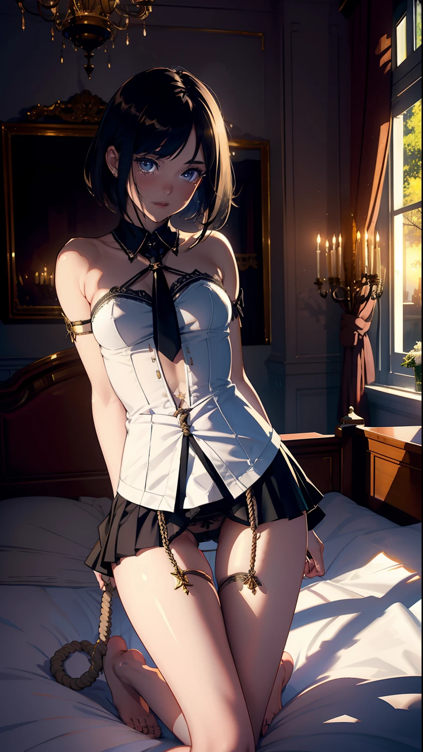 ​masterpiece, top-quality, Detailed details, Detailed landscapes, beatiful lights, Beautiful Shadows,girl with,((open one's legs,Open left and right with a rope)),((M-shaped legs)),((Bare legged)),18year old,perplexed look,Crying face,Short hair,Black eyes,a miniskirt,Slit skirt,(((waitresses))),((No Underwear)), detailed skin textures, Tyndall effect,mansion,mansion,Bedroom,(Antique bed),Candlelight