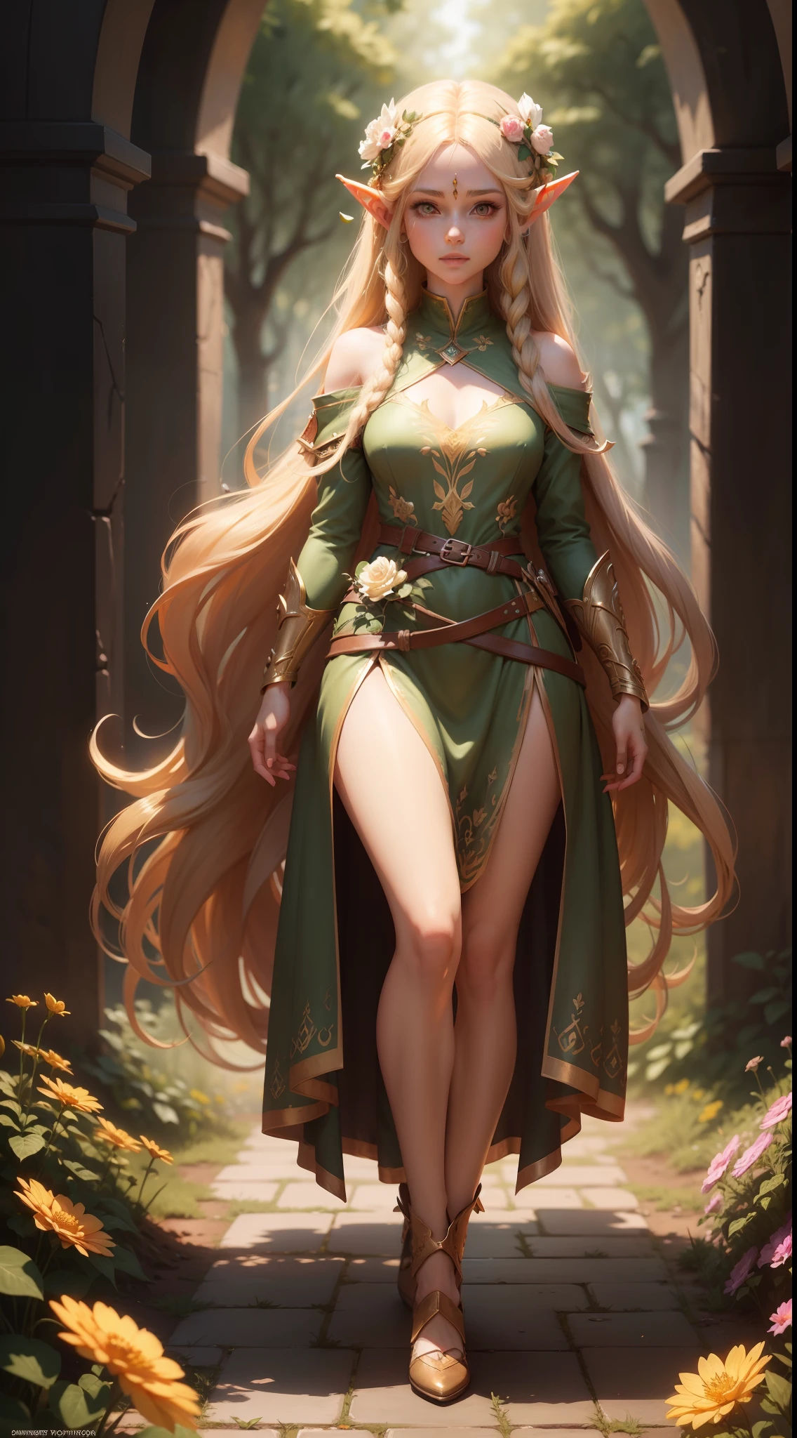 cute elf, long golden hair, flowers in hair, golden eyes, cute dress, full body, artstation, illustration, dynamic soft lighting, fantasy framing, high resolution 4k, hdr, stylistic,