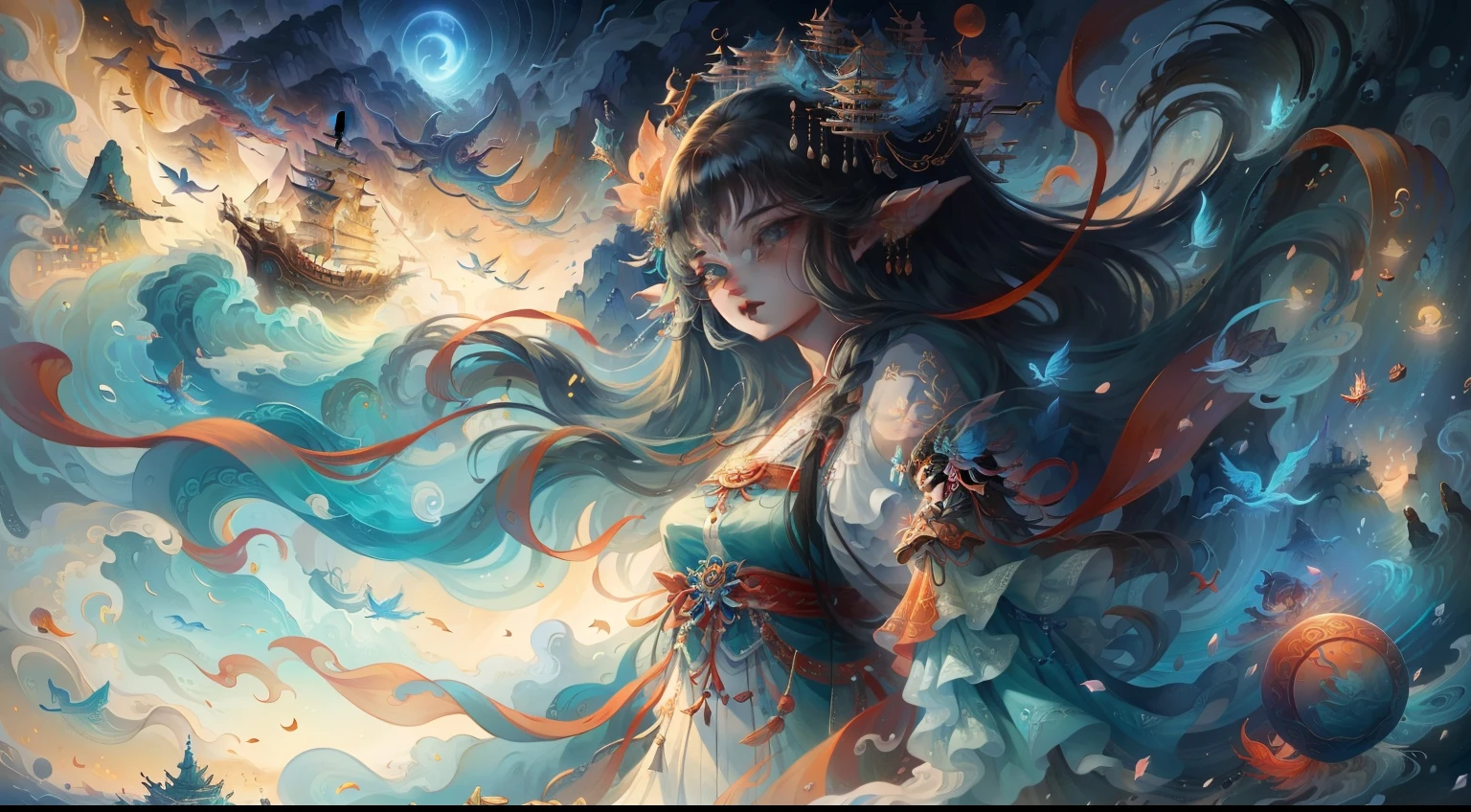 Vast sea,Immortal Island, the ocean,faeries,Auspicious clouds,The beautiful sea god Mazu guards everything in the sky,Protect the oceans and fishermen, Fishing village on the island,Small fishing boats at sea,Ancient port,rays of sunshine, tmasterpiece, super detailing, Epic composition,Song Dynasty, hyper HD, high qulity, extremely detaile, offcial art, 统一 8k 壁纸, super detailing, 32K