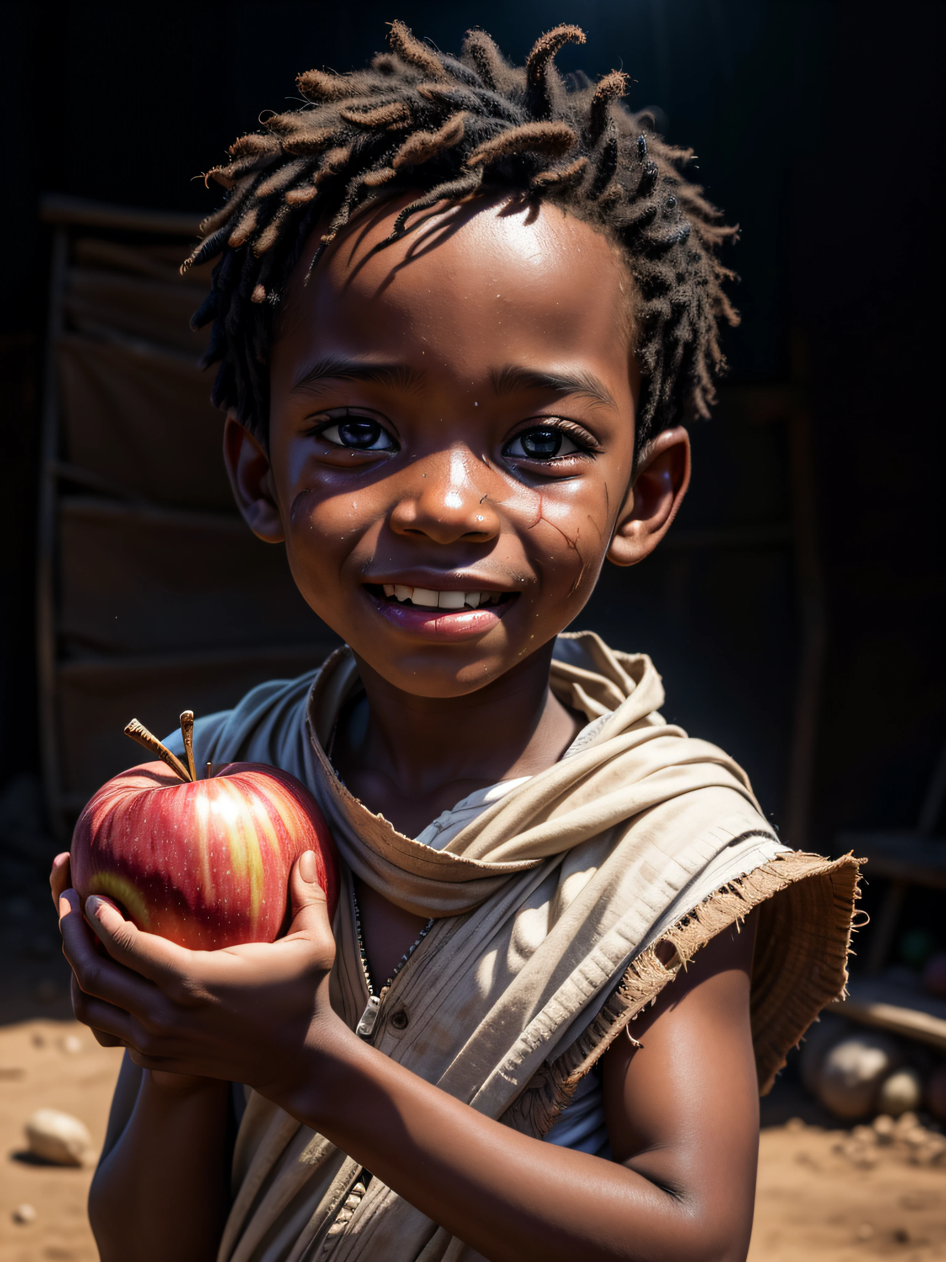 boy, poor little hungry boy, wearing torn cloth, fully happy face, holding a apple, hugging a apple, African boy, dirty dust background, 16k, 8k, RAW photo, best quality, masterpiece, high detail RAW color photo, dramatic lighting, cinematic lighting, back light, professional lighting