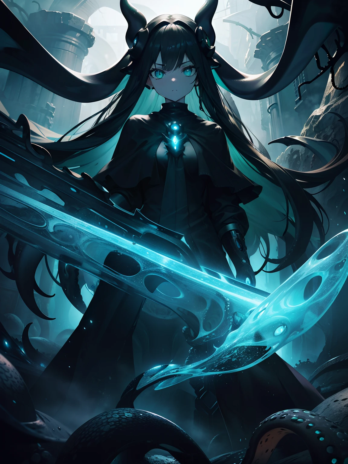 (Masterpiece, Best quality, ultra-high resolution), 1 girl, black clothes, amber eyes, eyelets, Surrounded by tentacles, (Squid Girl), Beautiful and detailed face, detailed eyes, standing in front of a giant stone gate in the middle of a dark, foggy cave, (gray and green theme)