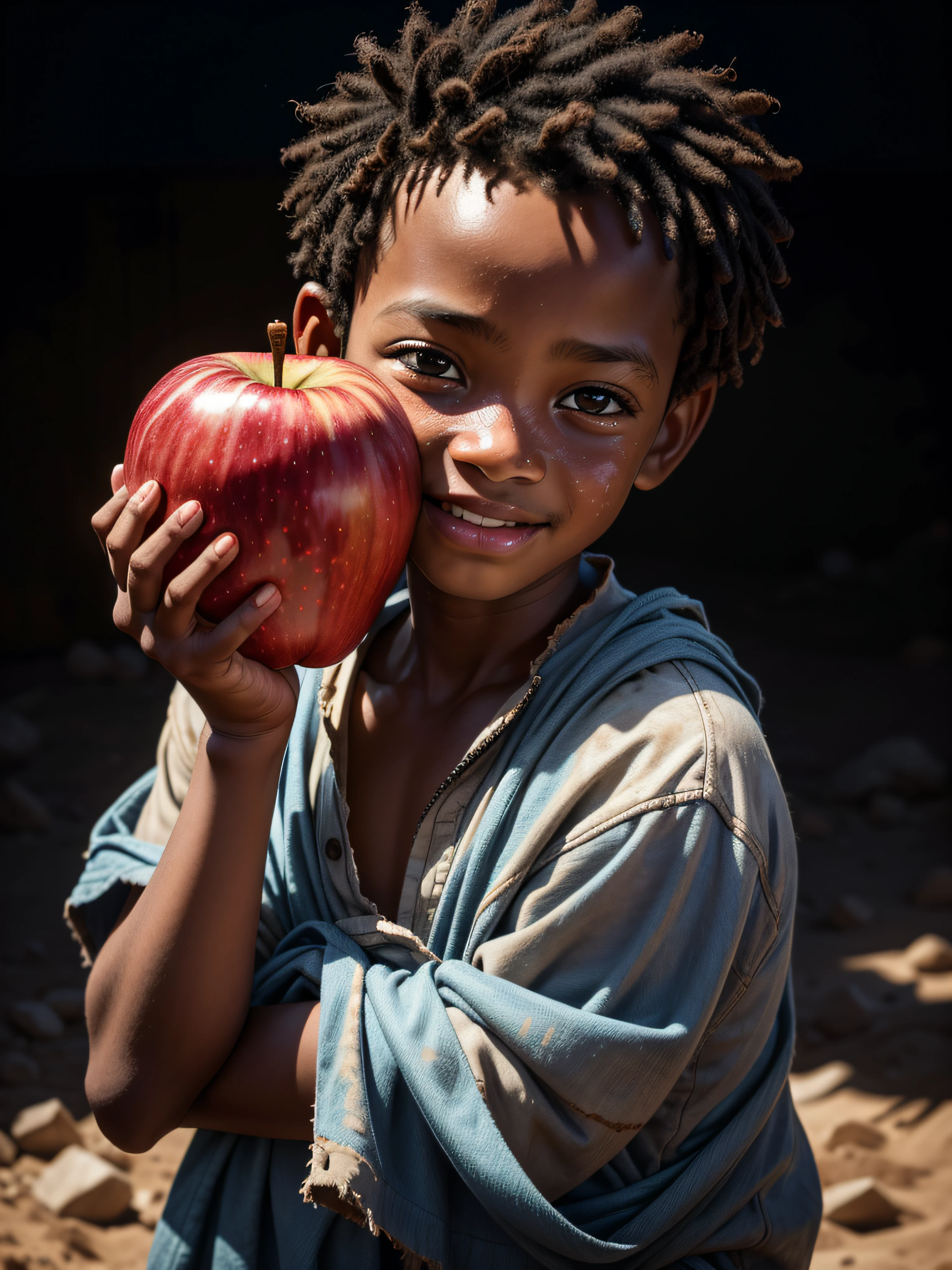 5  boy, poor little huoy, wearing torn cloth, fully happy face, holding a apple, hugging a apple, African boy, dirty dust background, 16k, 8k, RAW photo, best quality, masterpiece, high detail RAW color photo, dramatic lighting, cinematic lighting, back light, professional lighting