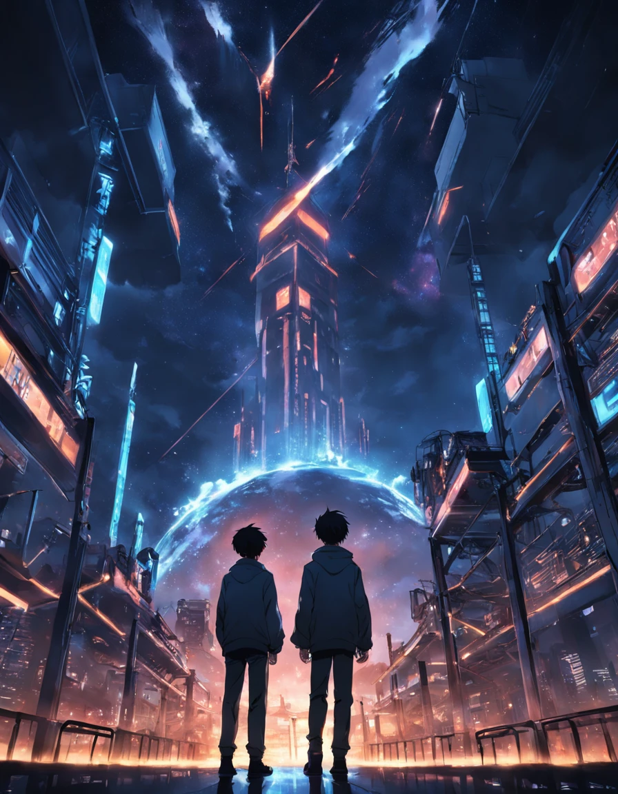 tmasterpiece,best qualtiy,cinematic Film still from,2boy,Tech Campus Looks up the landscape, Three boys back, Perspective, deep in the night, the night, Best quality dark background,