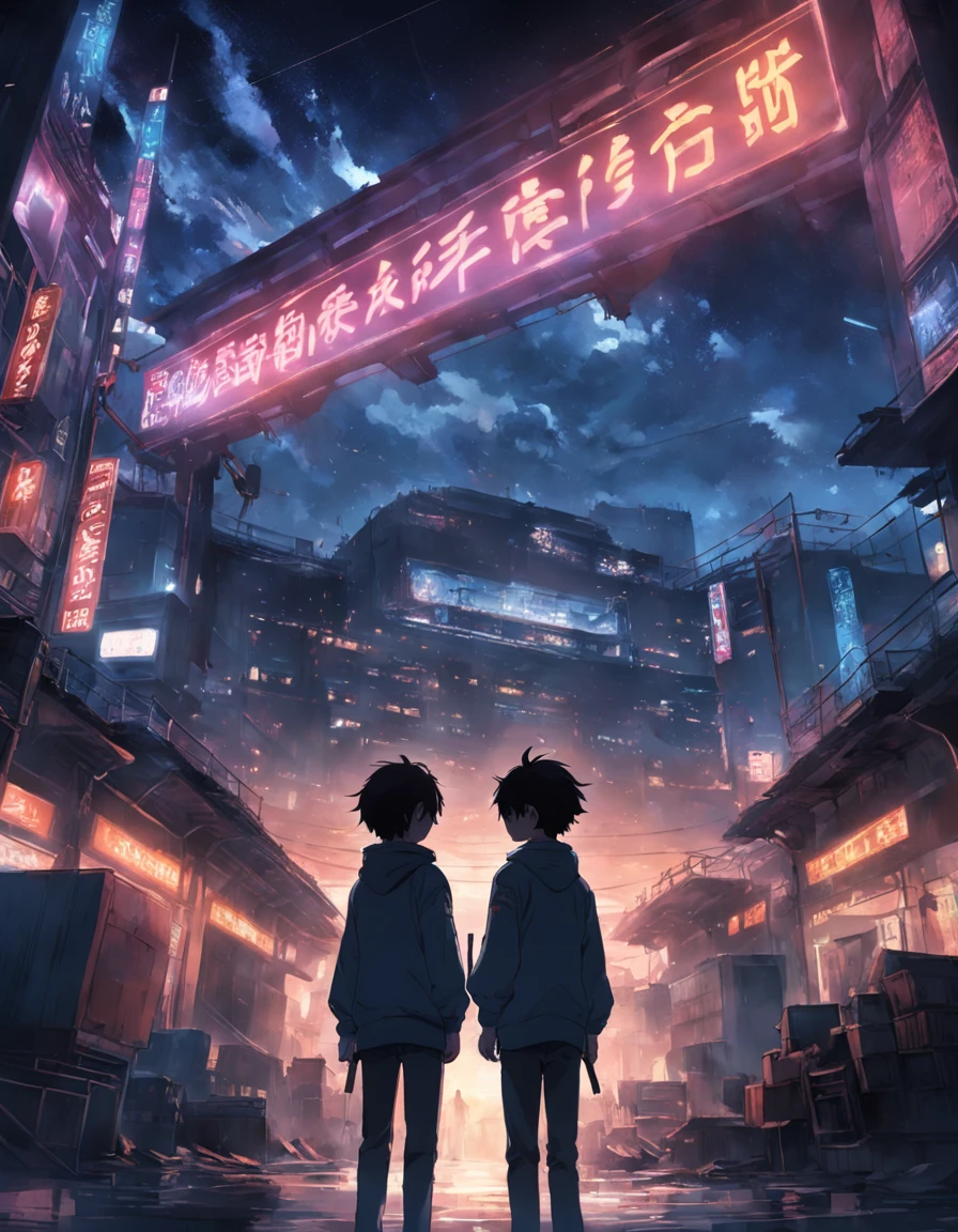 tmasterpiece，best qualtiy，cinematic Film still from,2boy，Tech Campus Looks up the landscape, Three boys back, Perspective, deep in the night, the night, Best quality dark background，