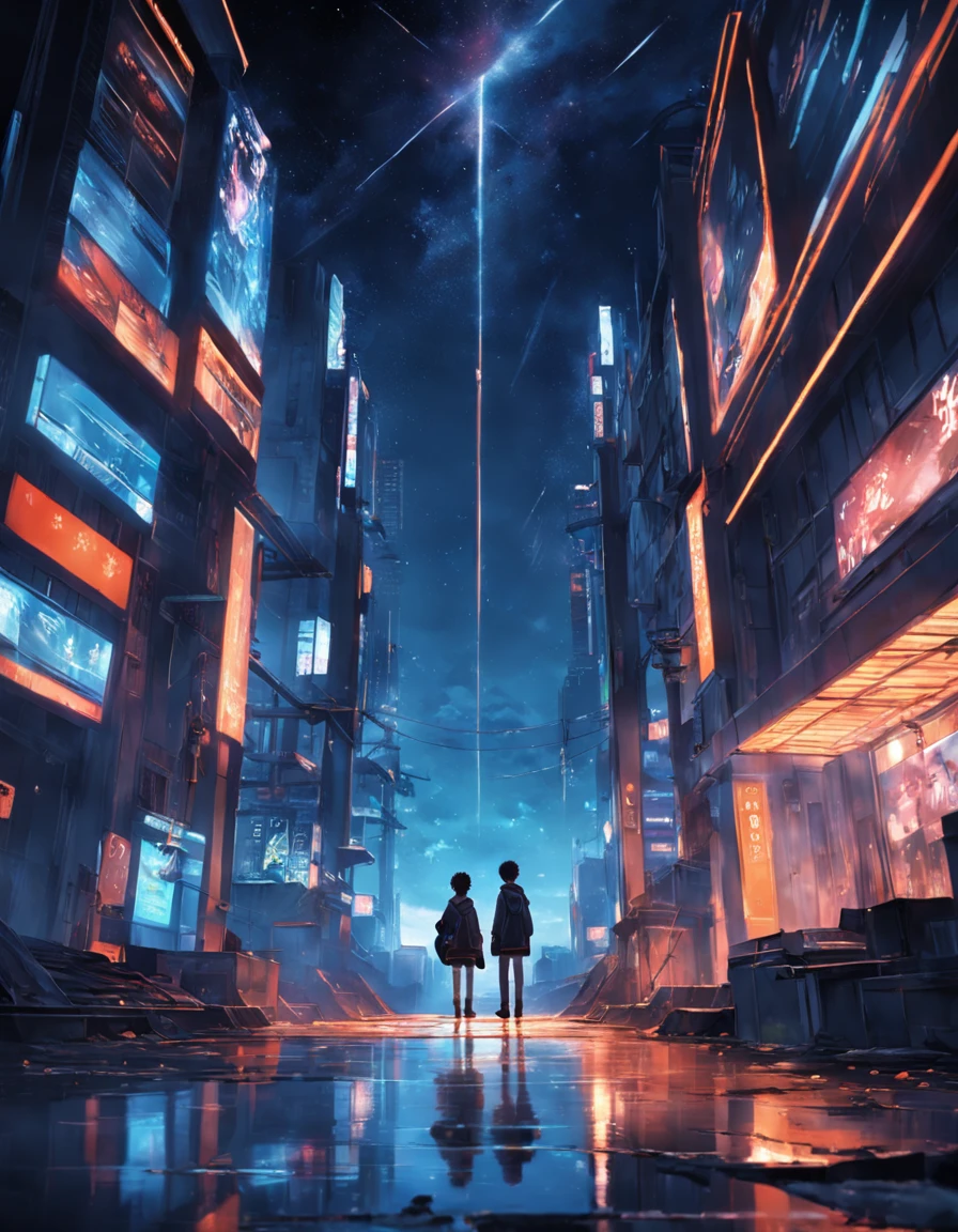 tmasterpiece，best qualtiy，cinematic Film still from,2boy，Tech Campus Looks up the landscape, Three boys back, Perspective, deep in the night, the night, Best quality dark background，