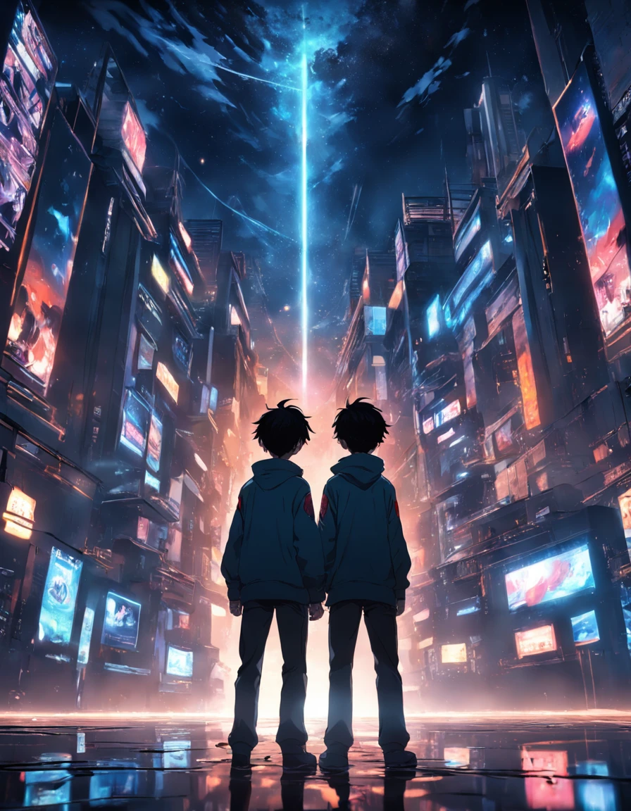 tmasterpiece,best qualtiy,cinematic Film still from,2boy,Tech Campus Looks up the landscape, Three boys back, Perspective, deep in the night, the night, Best quality dark background,