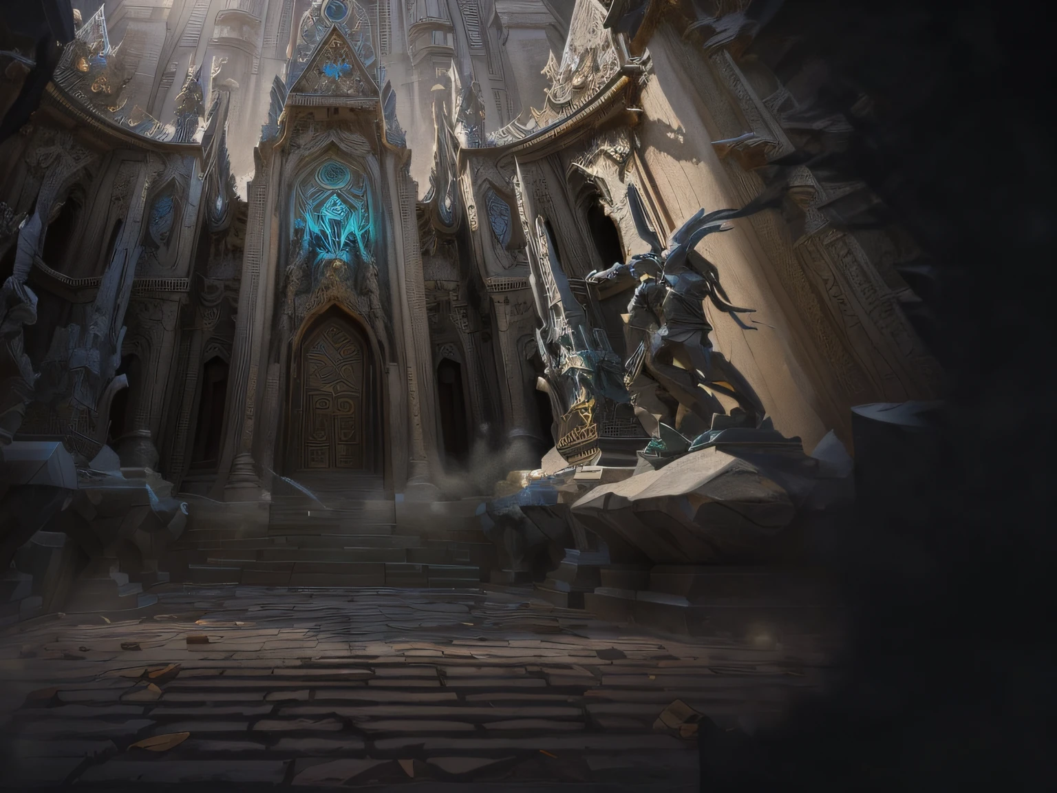 Magnificent temple，Intricate stone carving，Magical style，League of Legends fantasy art，Movie lighting，4K