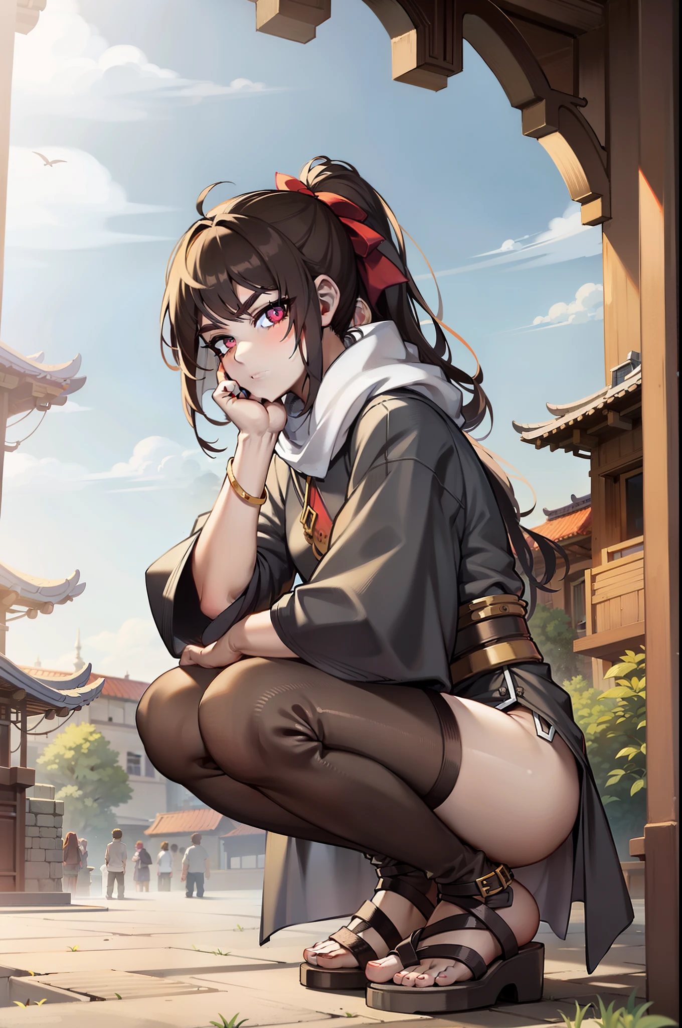 He had long brown hair in a ponytail.、Young man with very long ribbon。 bangs are very long。 dark pink eyes, Thick eyebrows, One boy, Indigo cheongsam with short sleeves, With white hood, Bare legged, Black leggings, Brown Gladiator Sandals, Scenery of Shanghai, Castles, crouching down