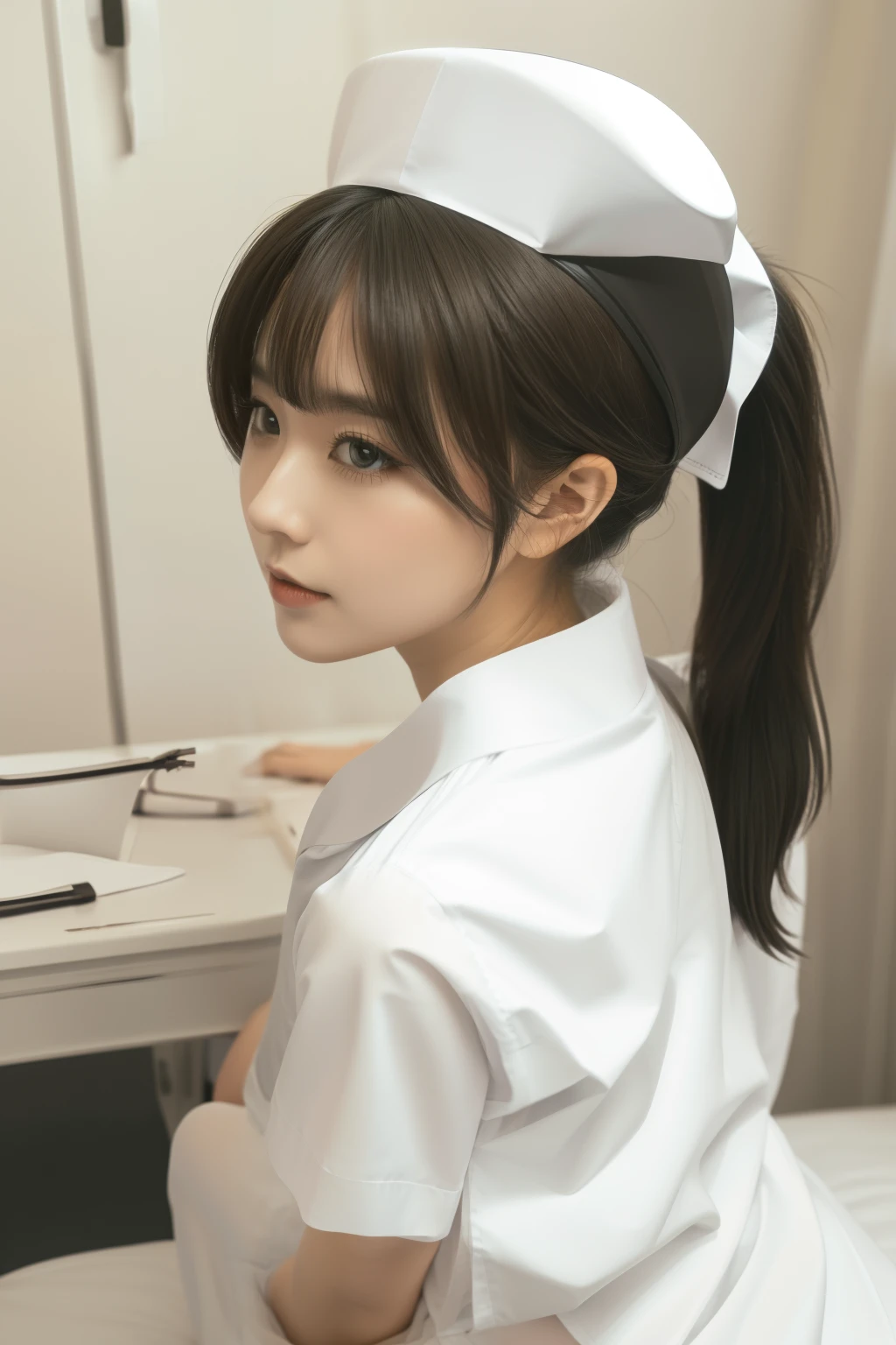 8K, Super detail, curate, Best quality, Masterpiece, 1girl,Solo,Nurse, Detail Face, twin ponytail, Black hair, White nurse hat, full bod, White clothes, desk, Bed