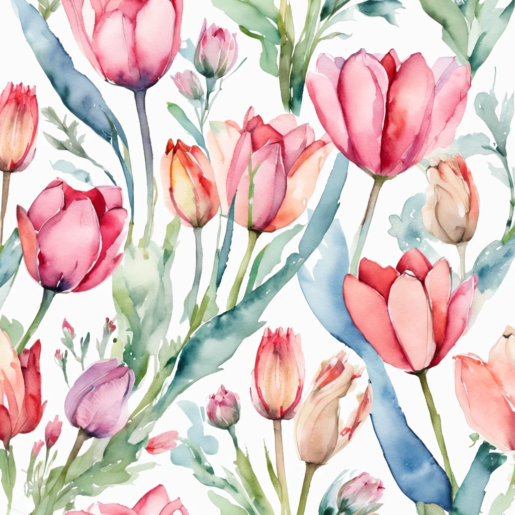 Top quality floral pattern, Cute lovely pink bud tulips、Light light blue background, crammed flowers, watercolor paiting