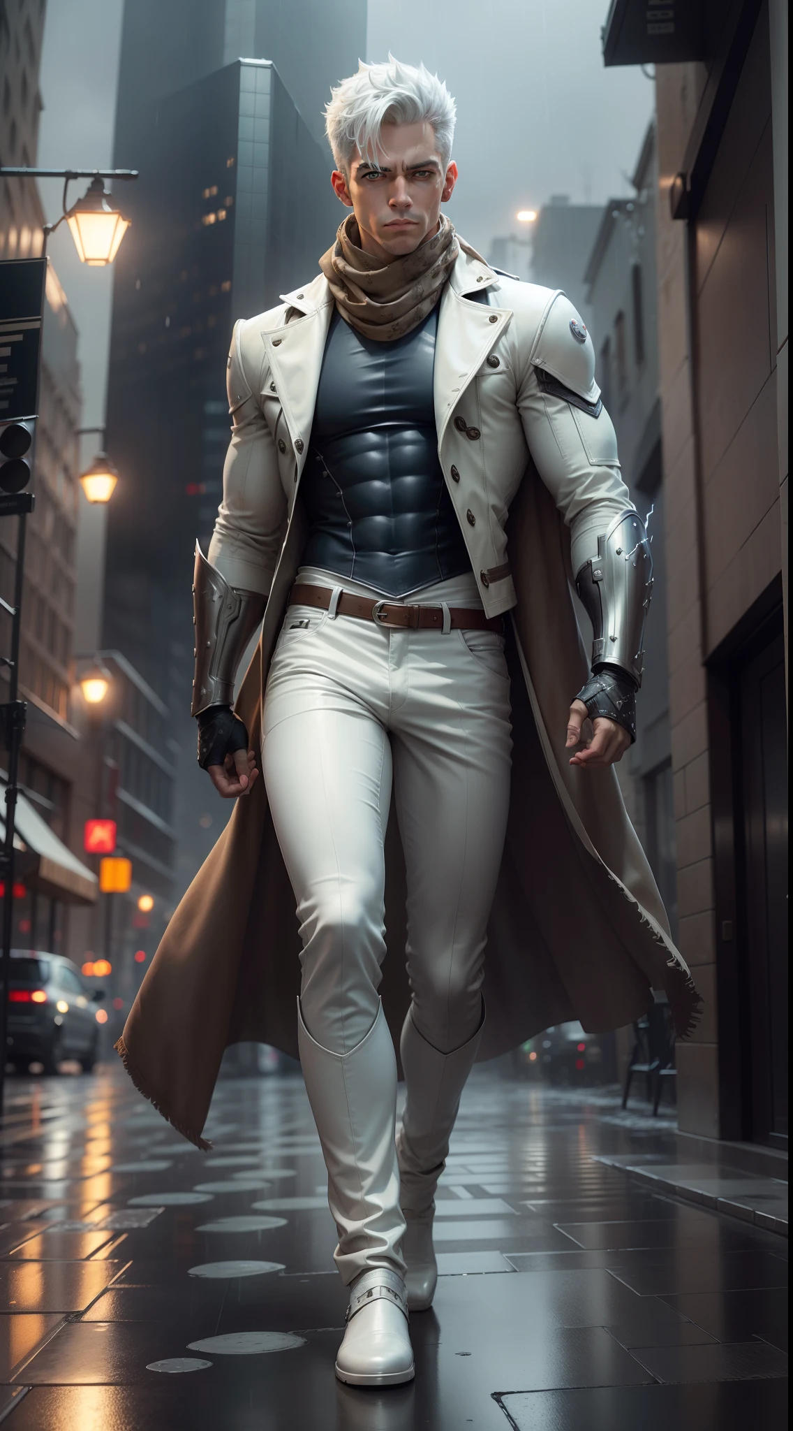 masterpiece, high resolution, extremely detailed, best quality, real light and shadow, solo, full body, Garou with white hair, cool cowhide fashion outfit, blue, handsome, pants full, detailed face, detailed eyes, scarf, jacket, arm brace, technology, rainy city, wet background, swirl, sparks, superhero landing, dark brown eyes.