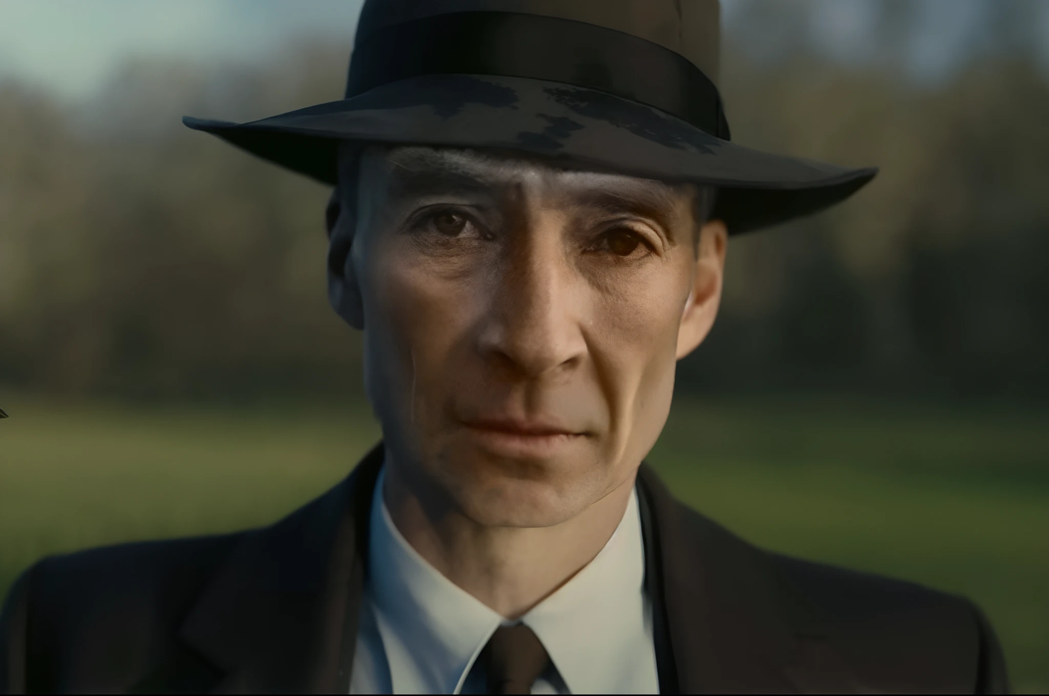 there is a man in a hat and suit standing in a field, a suited man in a hat, shot from danis villeneuve movie, costumes from peaky blinders, peaky blinders, highly detailed vfx portrait of, award winning cinematic still, highly detailed vfx portrait, leica 8k still from an a24 film