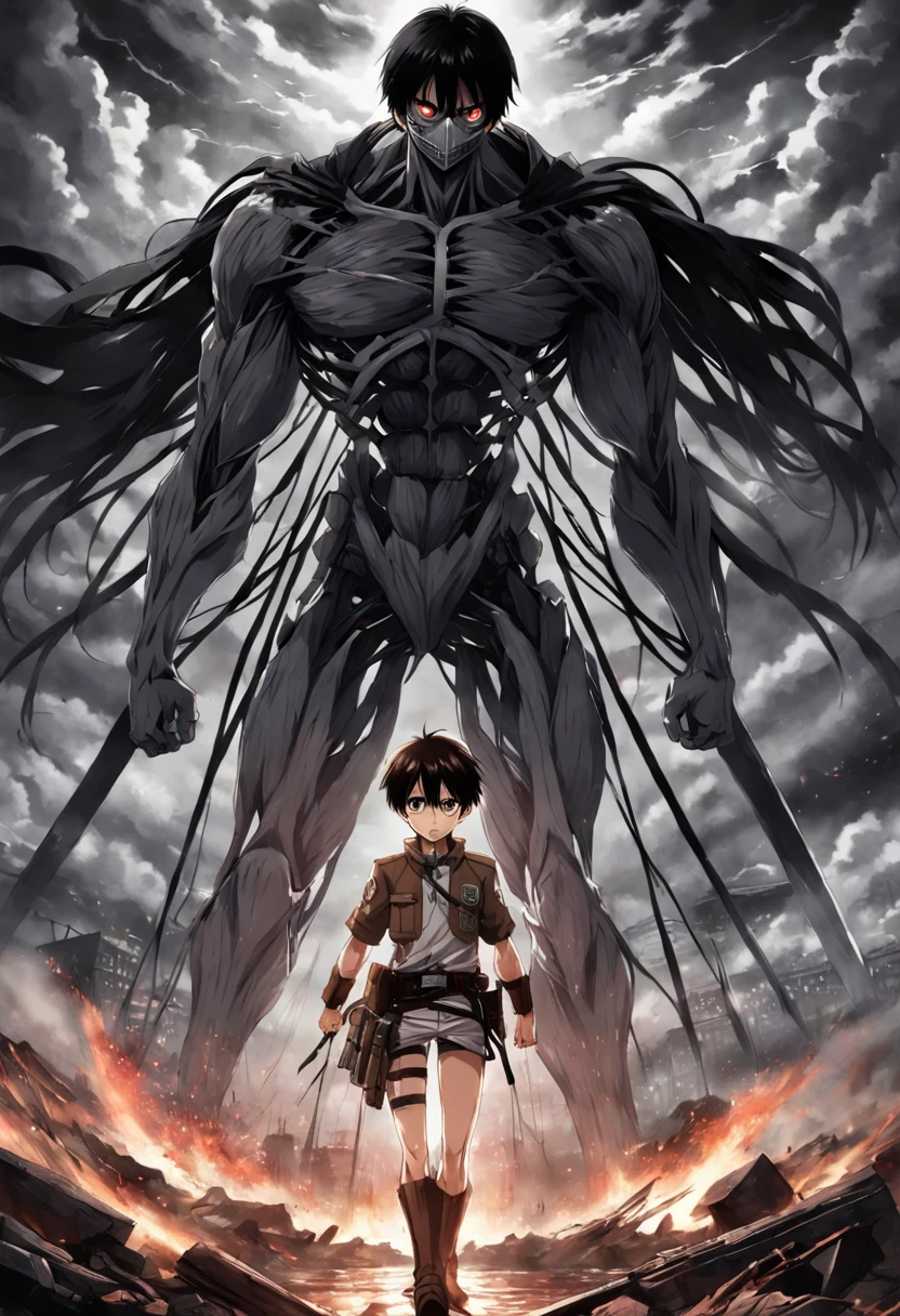 Generate a moody and emotionally black and white movie poster in the style of Hajime Isayama's Attack on Titan. The poster should prominently feature Eren Jaeger, wearing a Paradis Island uniform and ODM gear, looking towards an apocalyptic city