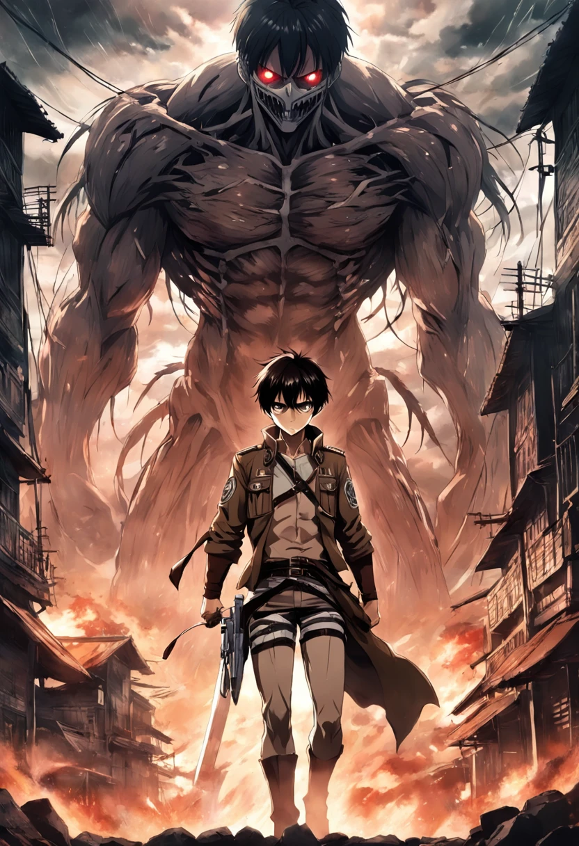 Generate a moody and emotionally black and white movie poster in the style of Hajime Isayama's Attack on Titan. The poster should prominently feature Eren Jaeger, wearing a Paradis Island uniform and ODM gear, looking towards an apocalyptic city