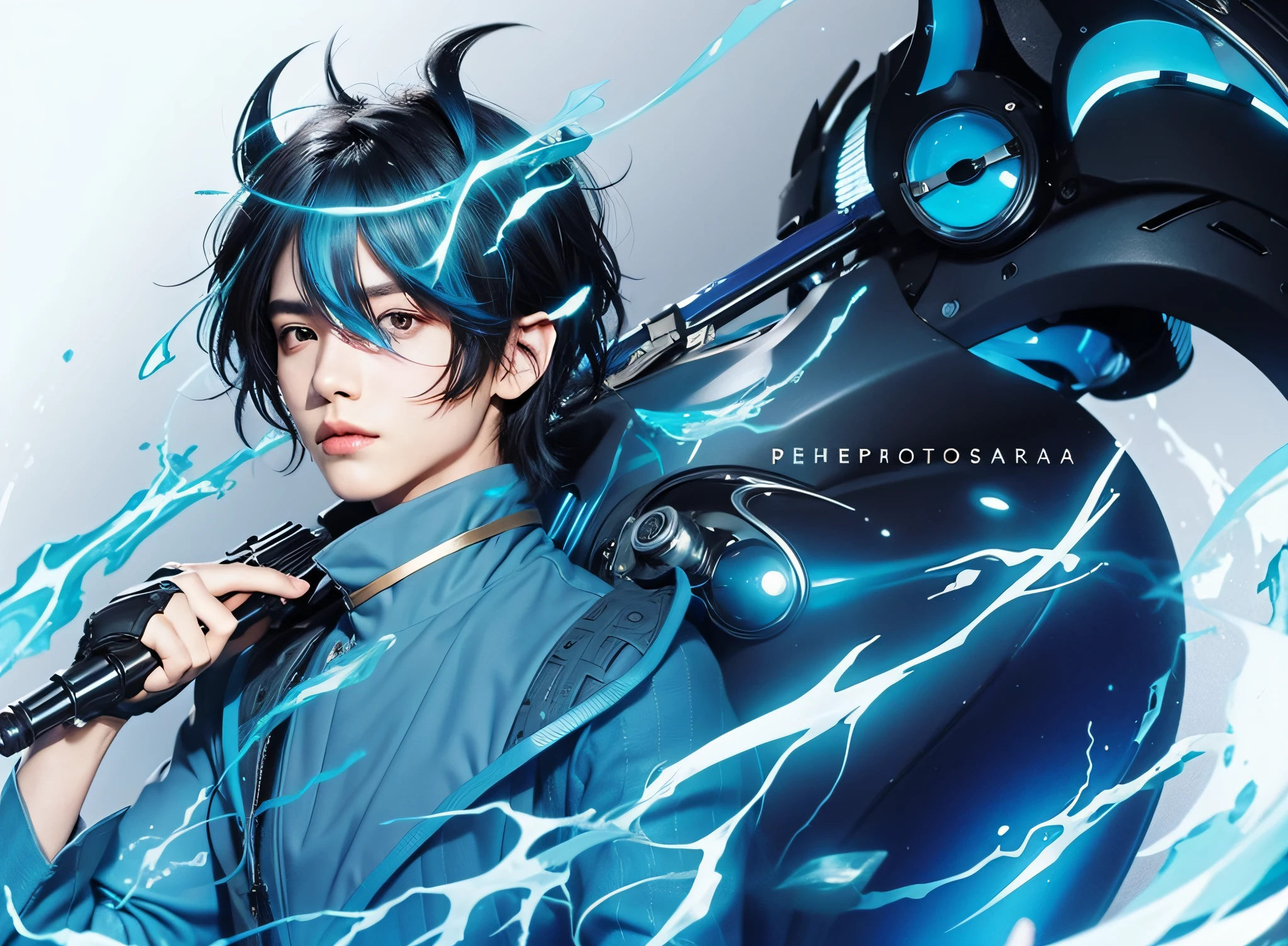 male, handsome, blue aura, black hair, masterpiece, photorealistic, best quality