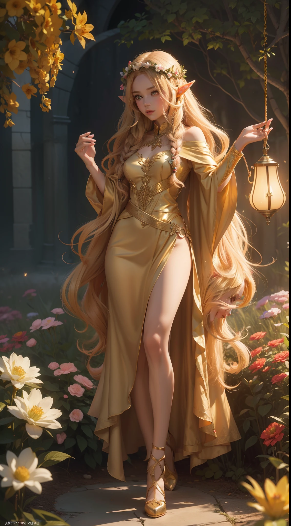 cute elf, long golden hair, flowers in hair, golden eyes, cute dress, full body, artstation, illustration, dynamic soft lighting, fantasy framing, high resolution 4k, hdr, stylistic,