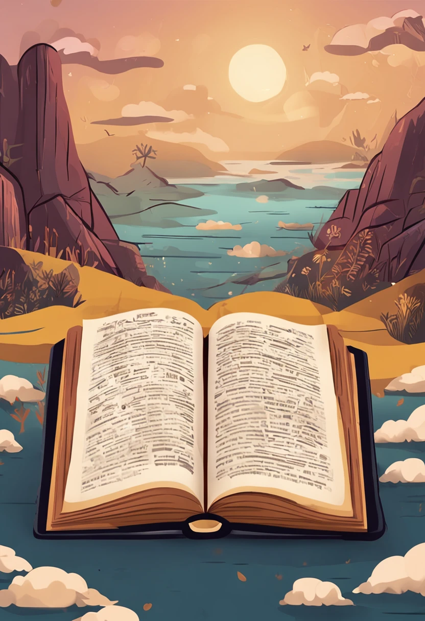 description: Crie uma imagem ilustrativa para a foto de capa do YouTube, highlighting an open Bible, mostrando passagens significativas. Add symbolic elements of Bible stories around the Bible. Use cores suaves e douradas para transmitir uma atmosfera serena. Add artistic details, remetendo ao estilo das escrituras antigas. The goal is to underscore the importance of the Bible as a spiritual guide and source of wisdom and inspiration.