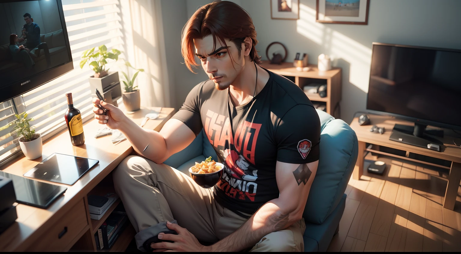 There's a man sitting on a couch with a bottle of wine and a bowl of food, playing video games, comer batatas fritas e assistir TV, brincando, obeso, Homem na casa dos 30 anos, videogame ainda, obeso ), olhando para o telefone dele, Streamer do Twitch / Jogador Ludwig, videogame ainda, jogos, Fotografia tirada em 2 0 2 0, Comer