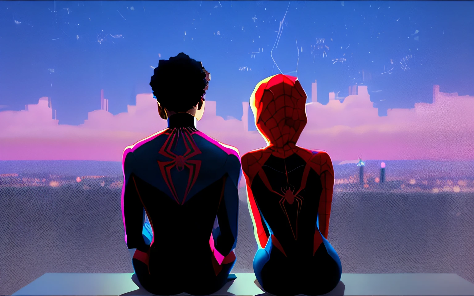 Spider - man and woman sitting on windowsill looking at the city, spiderverse, into the spiderverse, into the spider verse, Spider - poetry art style, donald glover as miles morales, animated movie shot, miles morales, SpiderGwen, spider - gwen, animated movie still, SpiderGwen, 2049, Animated Movies, medium shot of two characters