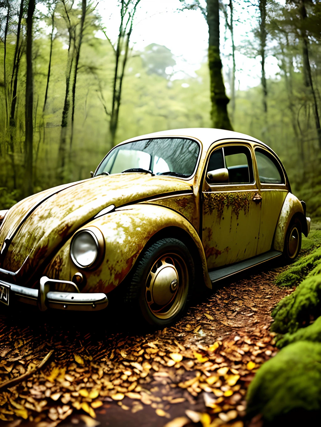 A haunting image of a decomposing red VW Beetle, its partially deteriorated remains covered with moss and lichen. As grandes estruturas retorcidas em forma de folha sob o inseto lembram cordas retorcidas, and the surrounding forest is bathed in a warm, golden light. The sun casts a warm glow over the scene, illuminating the decaying leaves, highlighting the vivid color and texture of decaying wood. fast shutter speed, abertura ampla, pouca luz,funko antigo,realista.