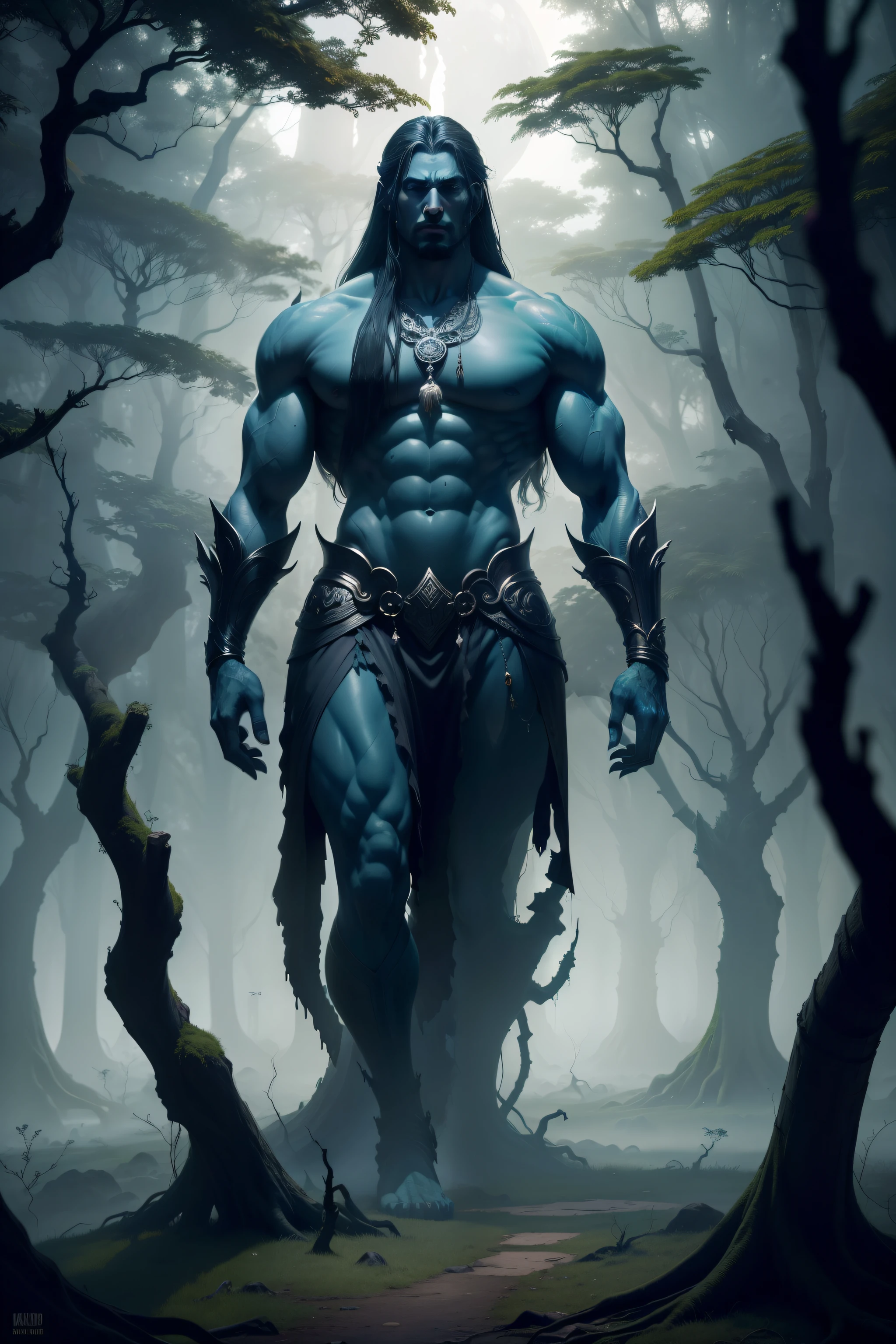 Description:
Create a highly realistic and detailed image of a Philippine mythical creature known as a "kapre." The focus of the image should be on the kapre, who is perched atop a gnarled and eerie balete tree. The scene should be shrouded in darkness, with a sense of creepiness and mystery pervading the atmosphere. The image should have a cinematic quality, as if capturing a freeze-frame from a suspenseful movie.
Kapre Details:
The kapre should be depicted as an imposing figure, with a tall and robust humanoid body covered in rough, dark, and weathered skin. Its eyes should glow a faint and eerie green in the darkness. The kapre's muscular arms and hands should be visible, exuding a sense of strength. The creature's most striking feature is its size, appearing larger than life as it reclines against the balete tree trunk.
Balete Tree Details:
The balete tree should be twisted and gnarled, with its roots seemingly merging into the earth in a mesmerizing and unsettling manner. The bark should appear ancient and textured, with patches of moss and vines clinging to it. The branches should sprawl out ominously, partially obscuring the kapre and adding to the mysterious ambiance.
Atmosphere:
The scene should be drenched in shadows, with only faint moonlight filtering through the dense canopy of the balete tree. This should create a dramatic interplay of light and shadow across the kapre's figure and the tree's texture. Smoke from the kapre's tobacco should curl and swirl in the air, adding to the eeriness of the scene. The smoke should be depicted realistically, with wisps illuminated by the faint glow of the kapre's eyes.
Color Palette:
The color palette should primarily consist of deep and rich dark tones, with hints of green from the kapre's eyes and moss. Occasional muted warm tones from the tobacco's ember and the faint moonlight should contrast against the overall cool darkness.