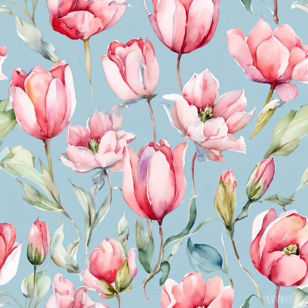 Top quality floral pattern, Cute lovely pink bud tulips、Light light blue background, Clear light blue background, crammed flowers, watercolor paiting